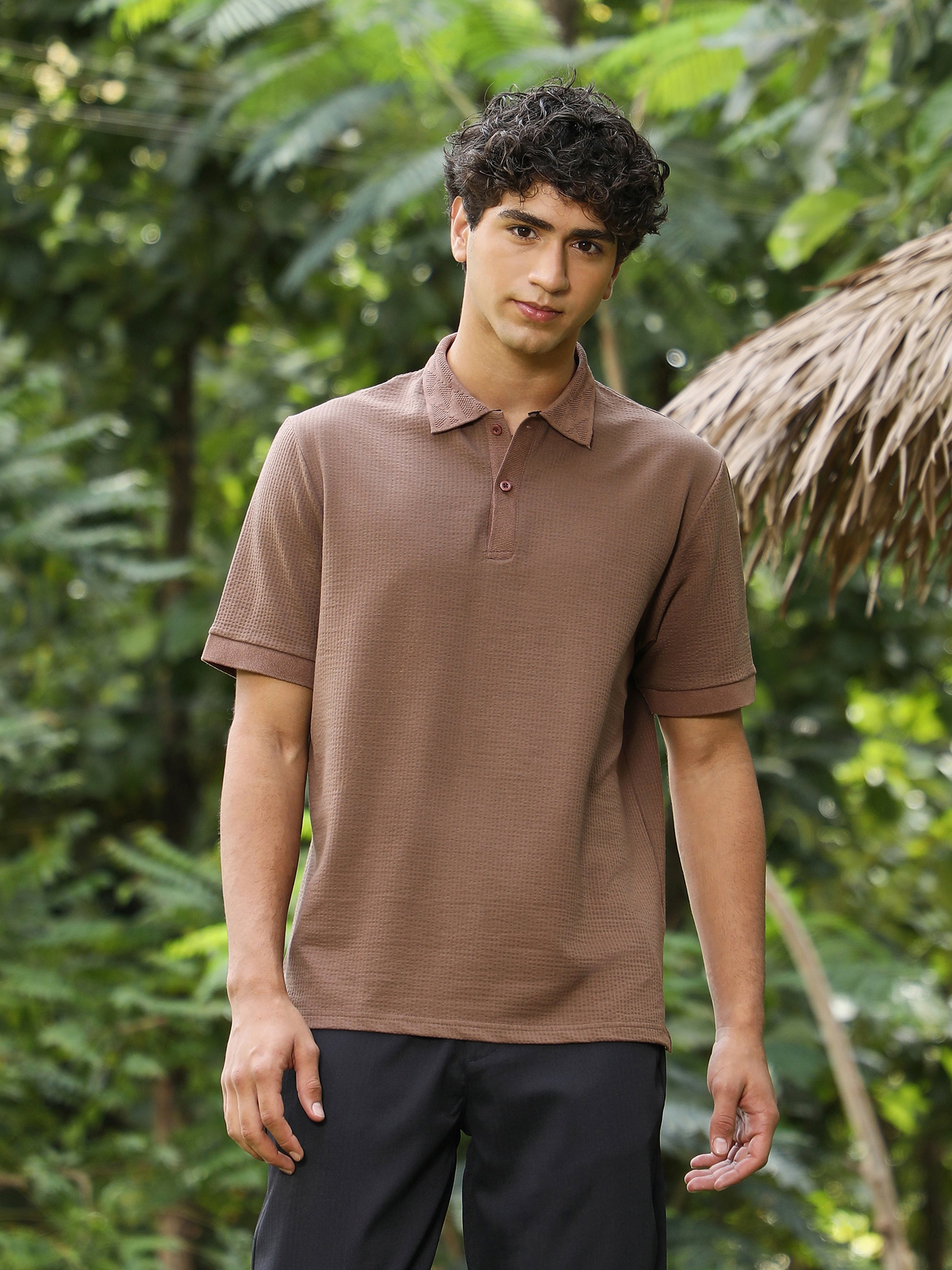 Men Brown Jacquard Knitted Polo
