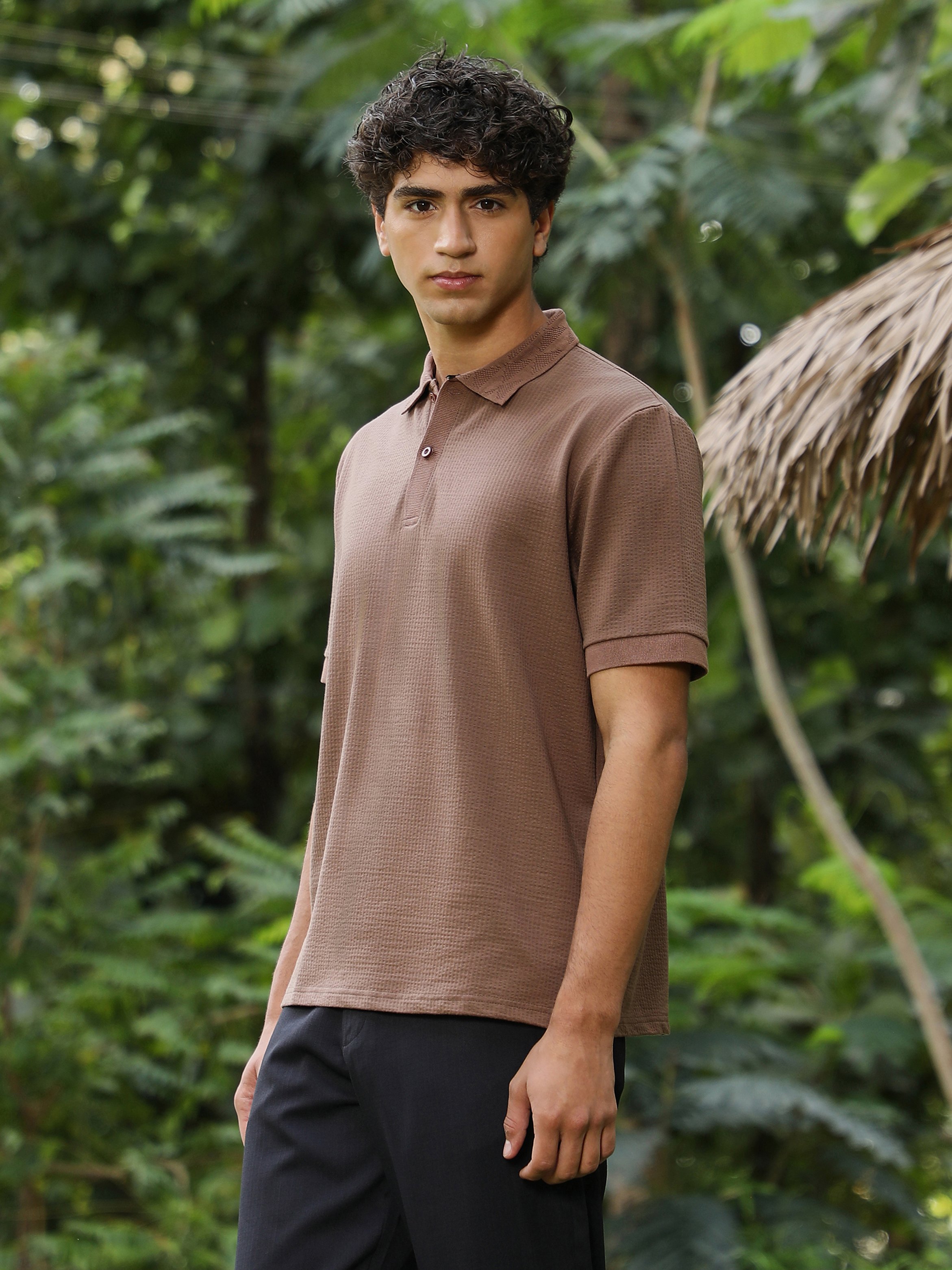 Men Brown Jacquard Knitted Polo
