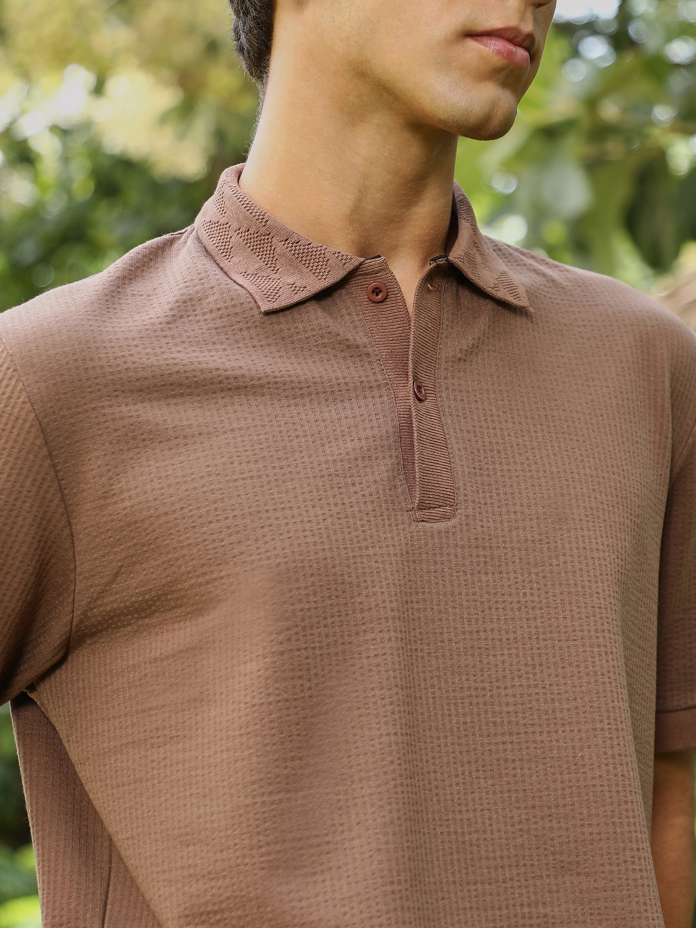 Men Brown Jacquard Knitted Polo