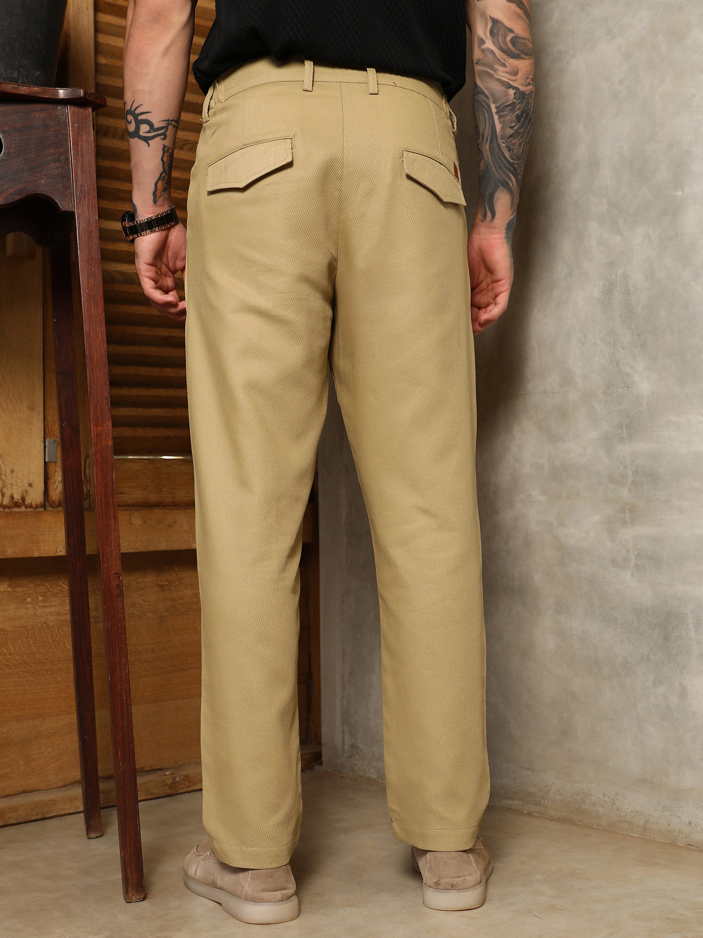 Men Brown Ribbed-Pleat Chino Trousers