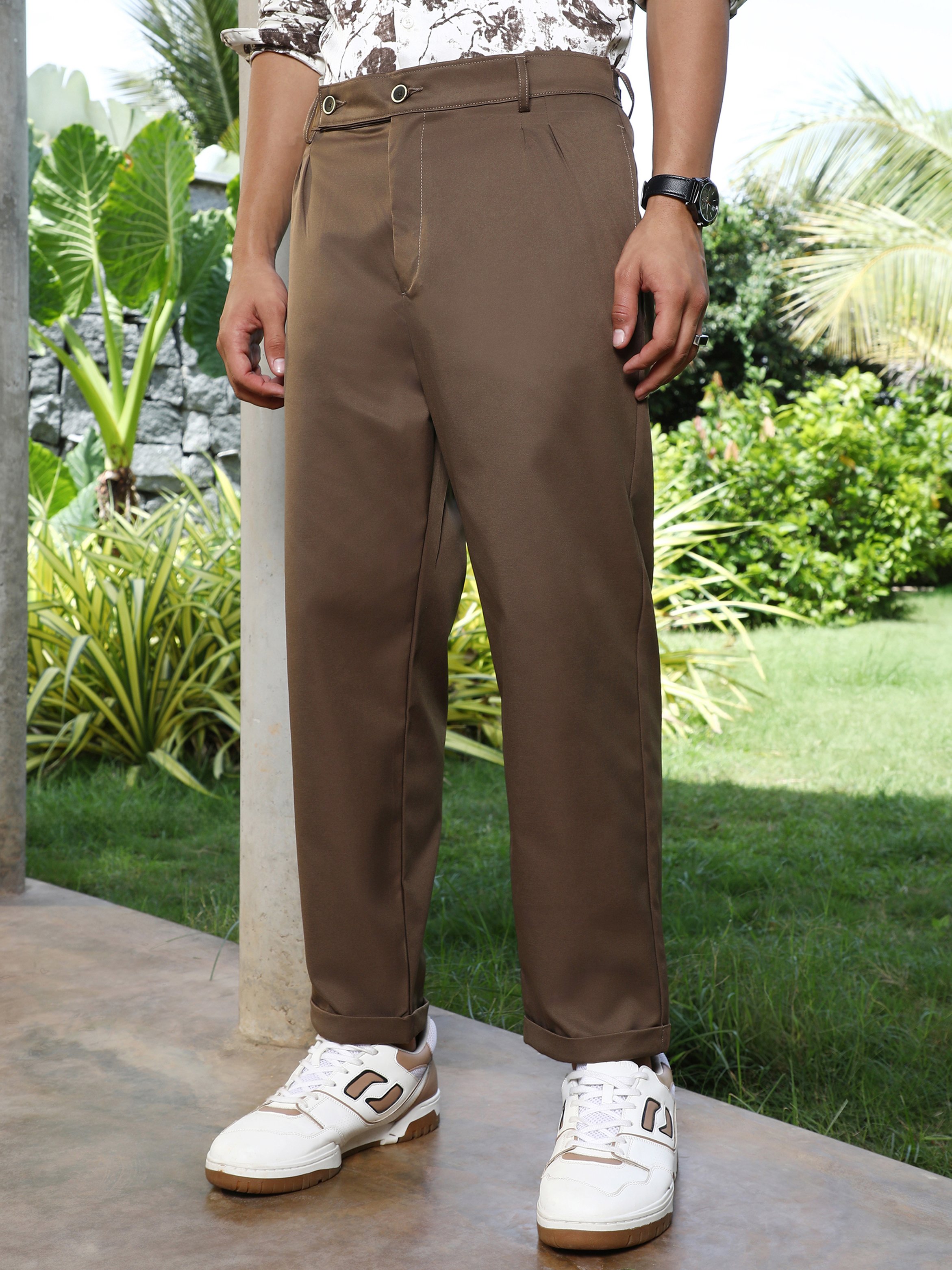 Men Coffee Brown Extended-Waistband Straight Trousers
