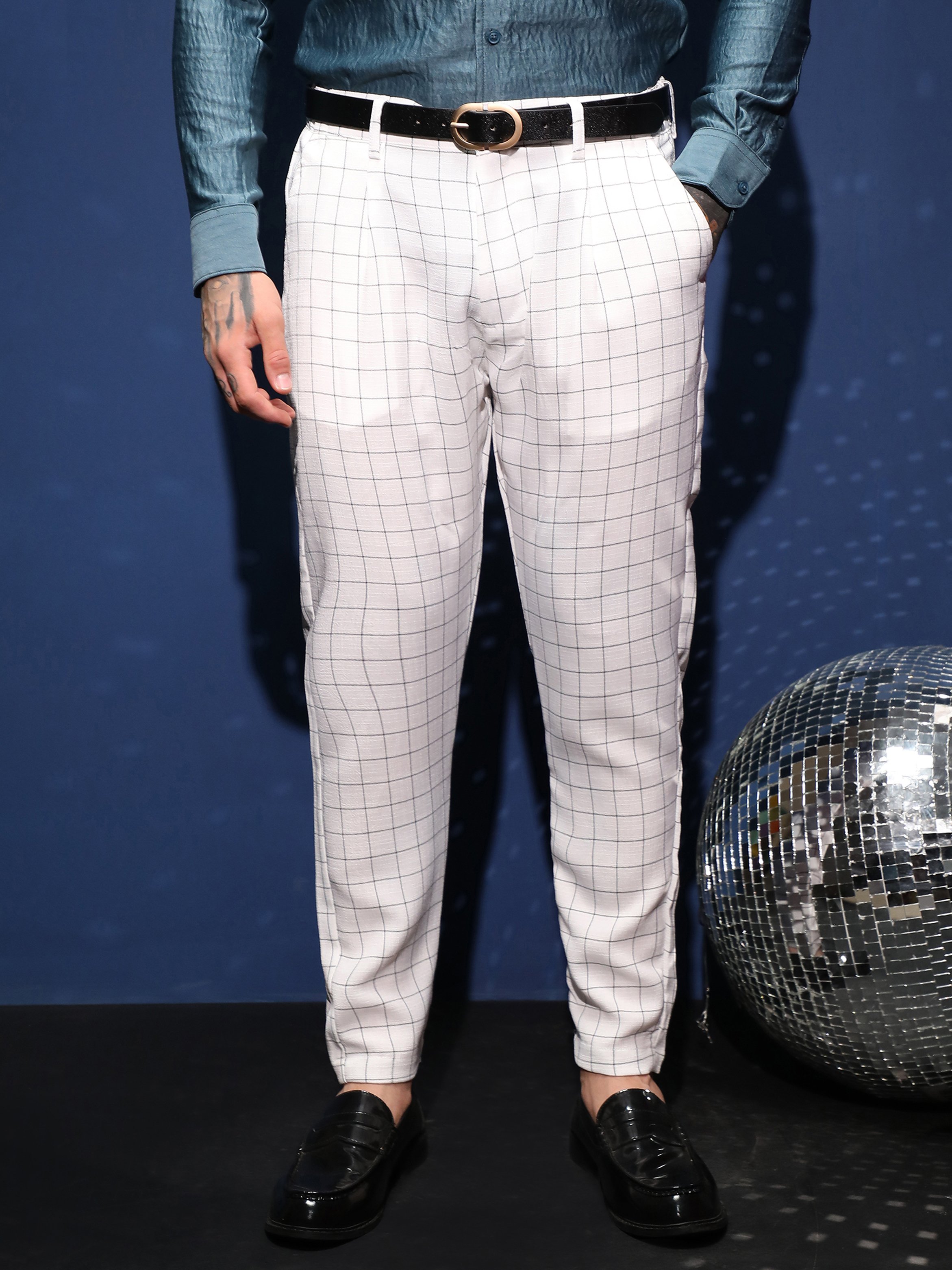 Men White Graph Tailored Trousers