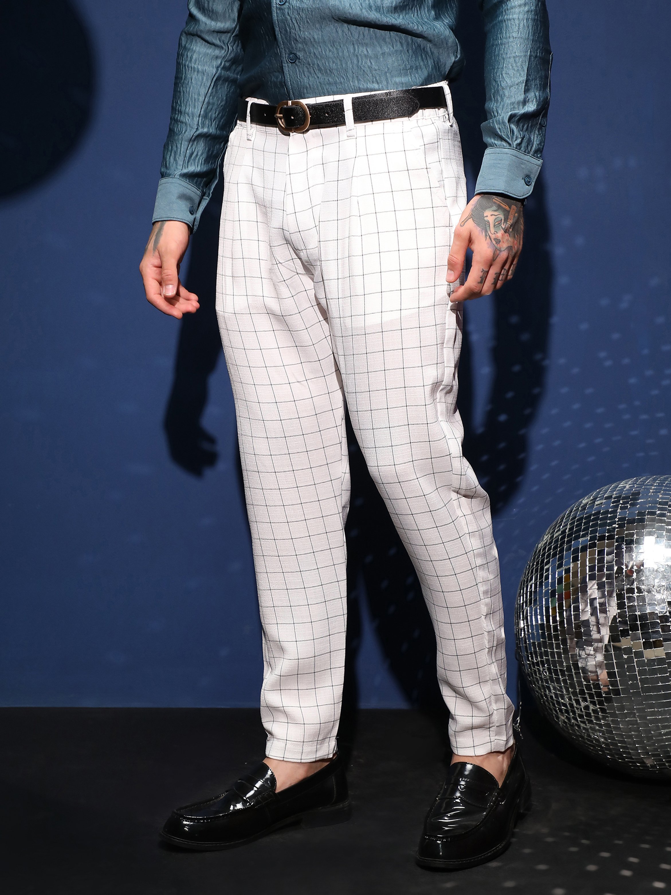 Men White Graph Tailored Trousers