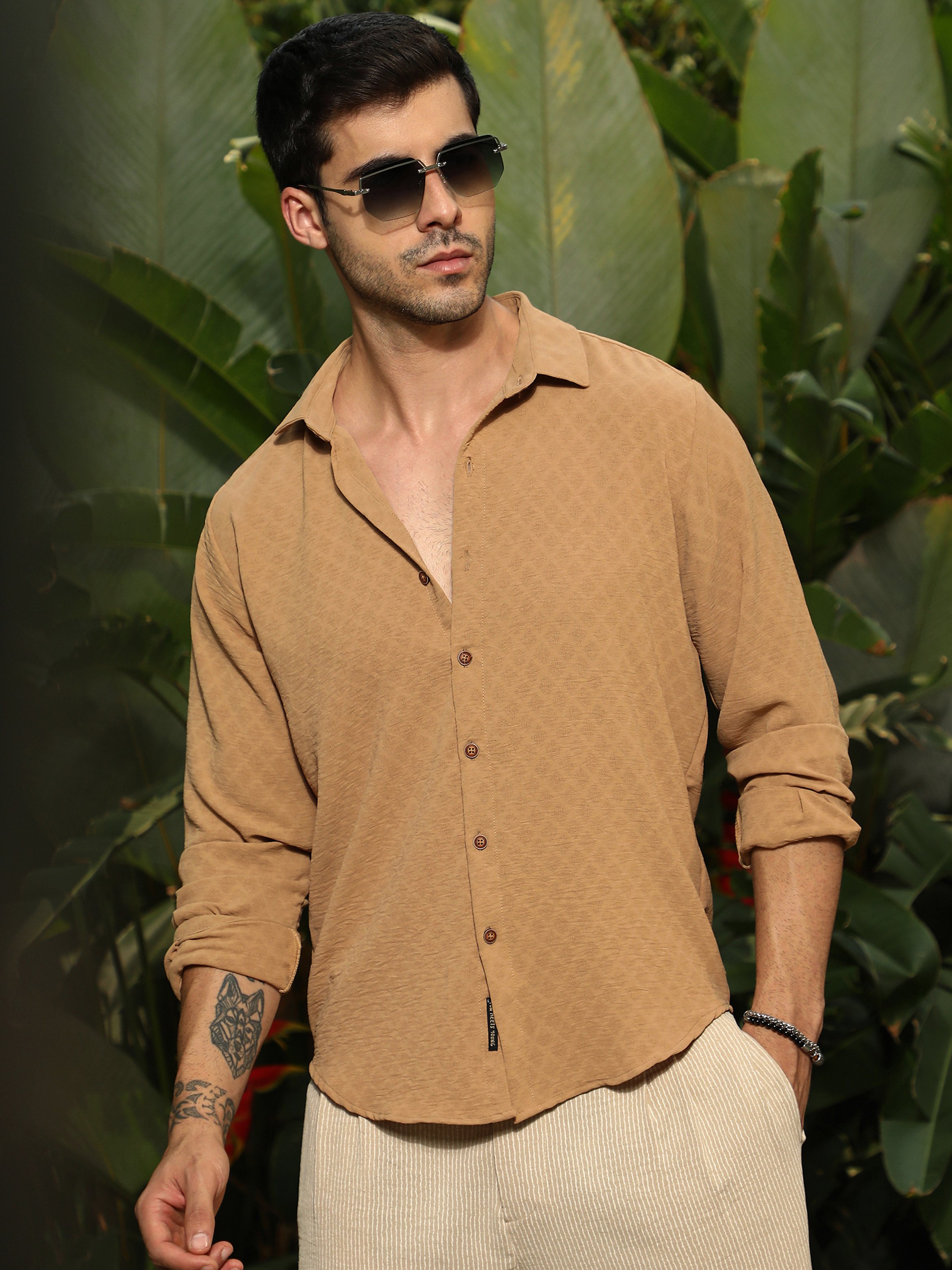 Men Brown Textured Spread Collar Shirt