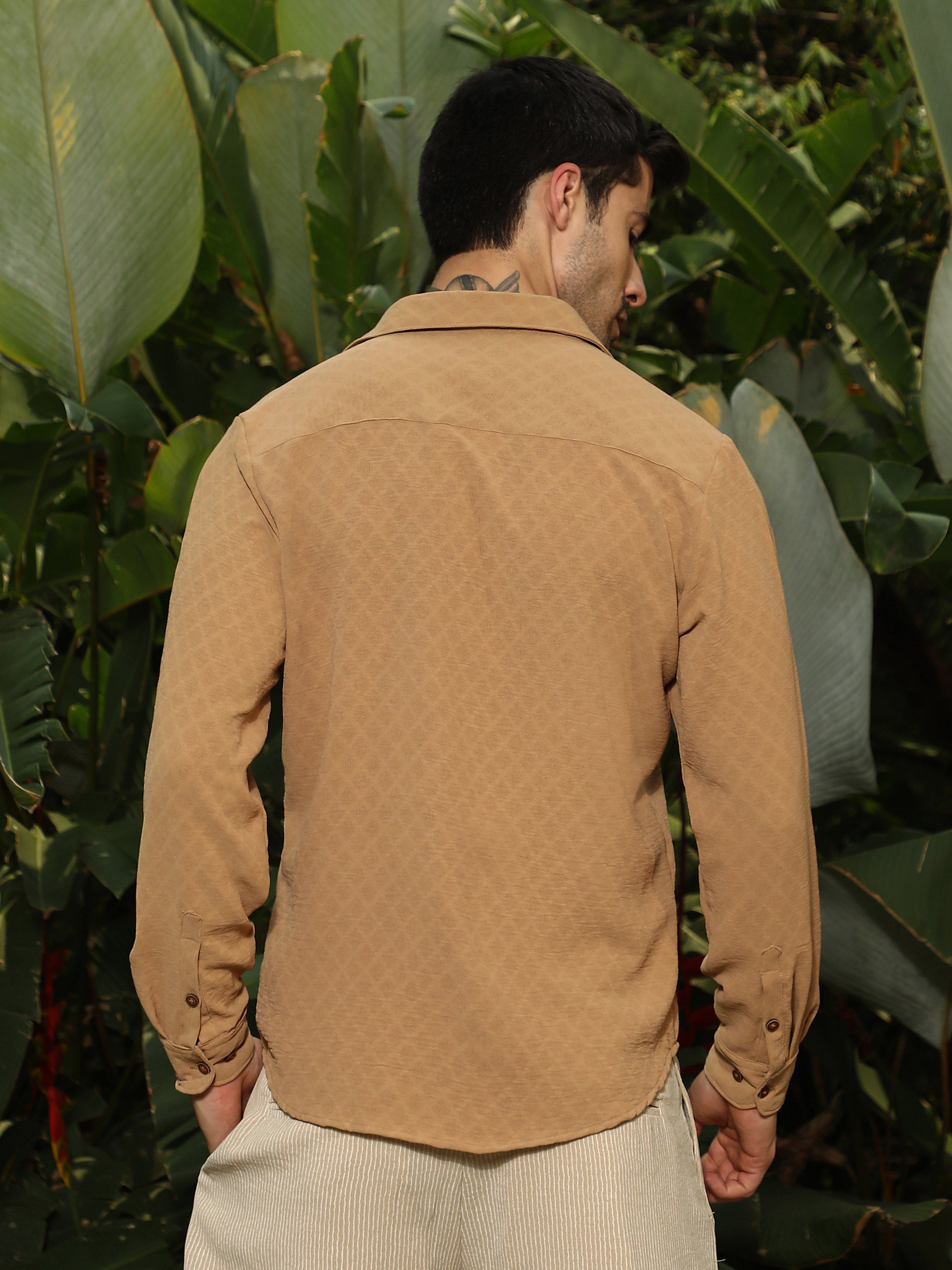 Men Brown Textured Spread Collar Shirt