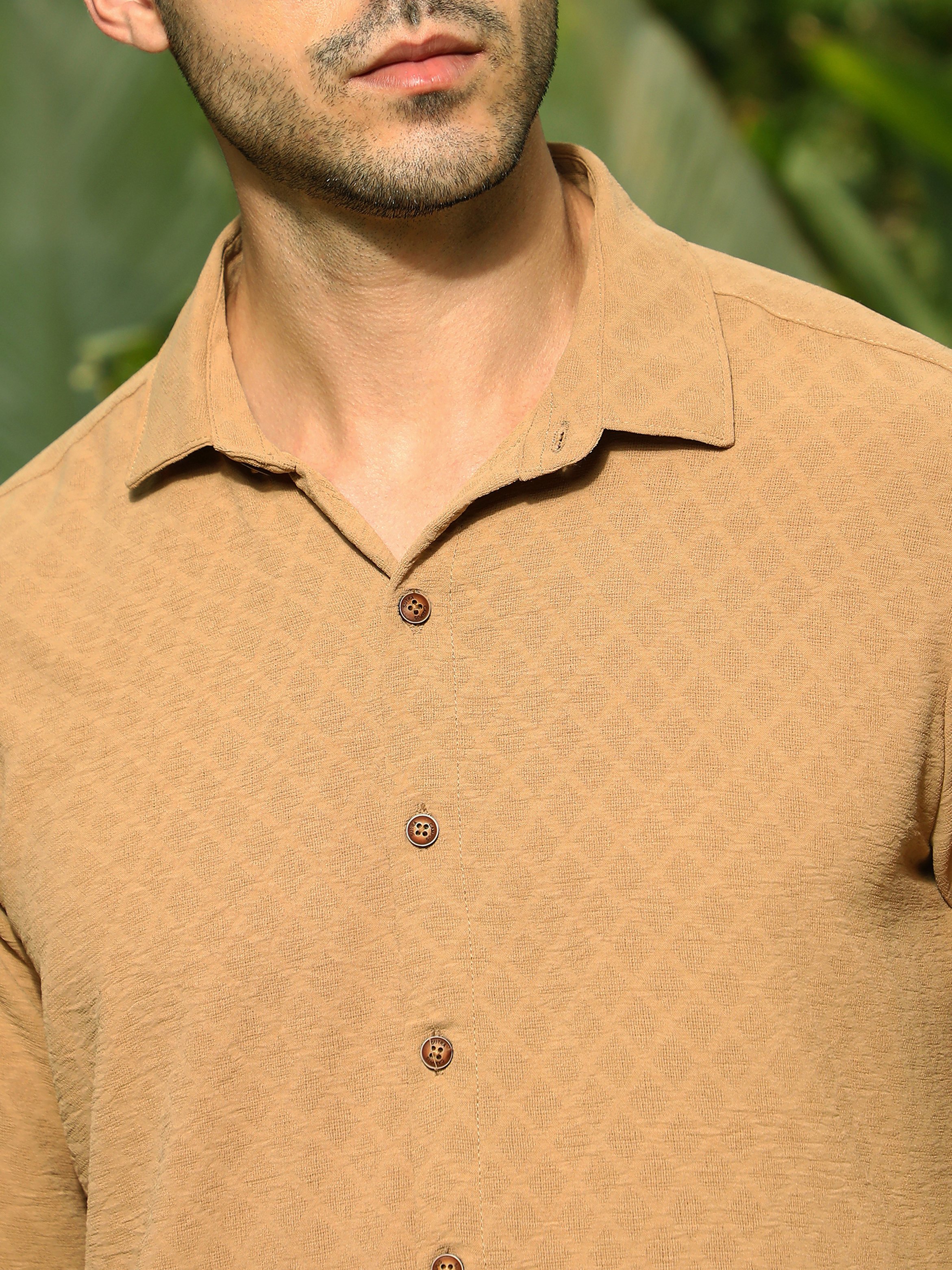 Men Brown Textured Spread Collar Shirt