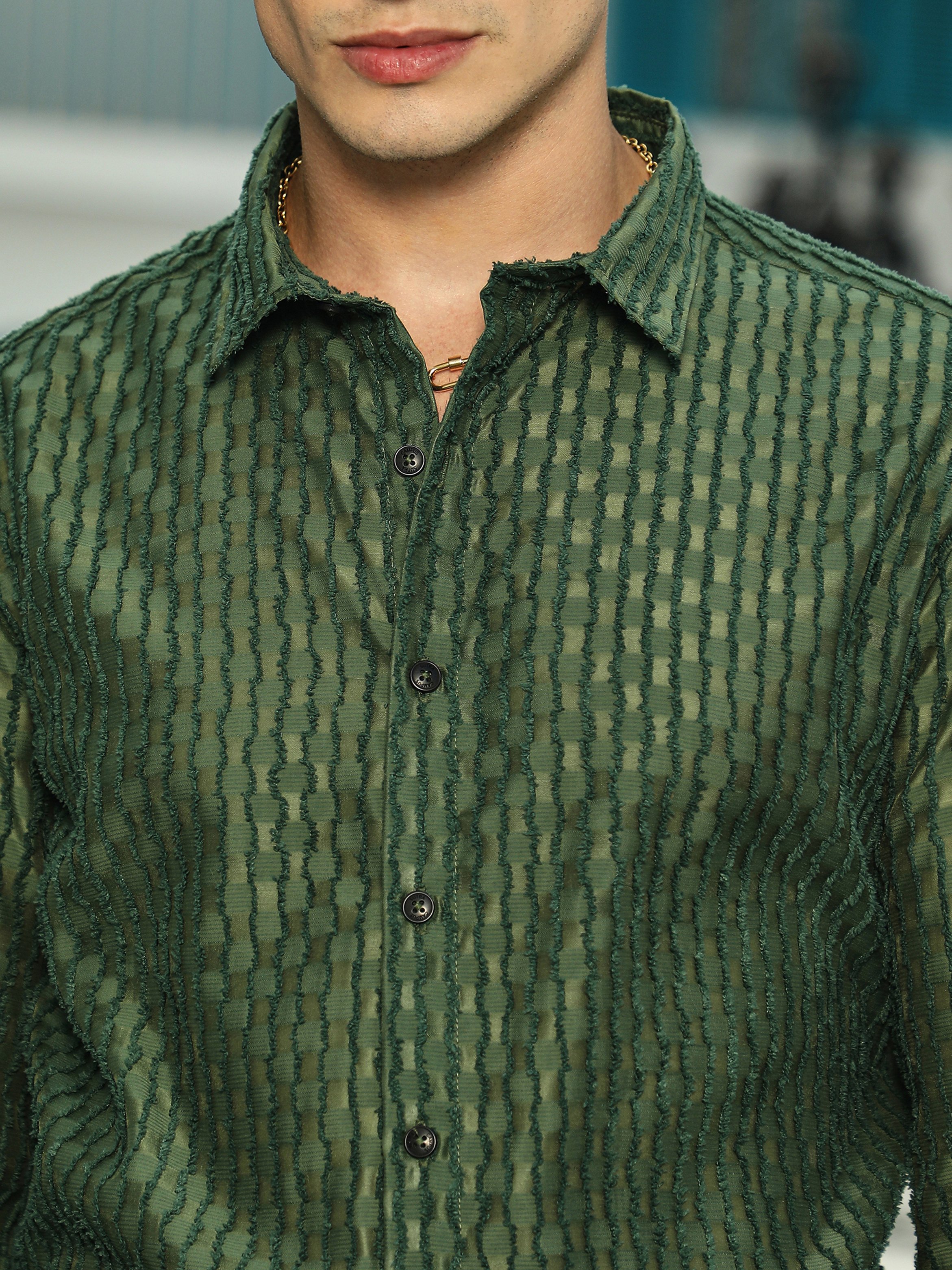 Men Green Textured Regular Shirt