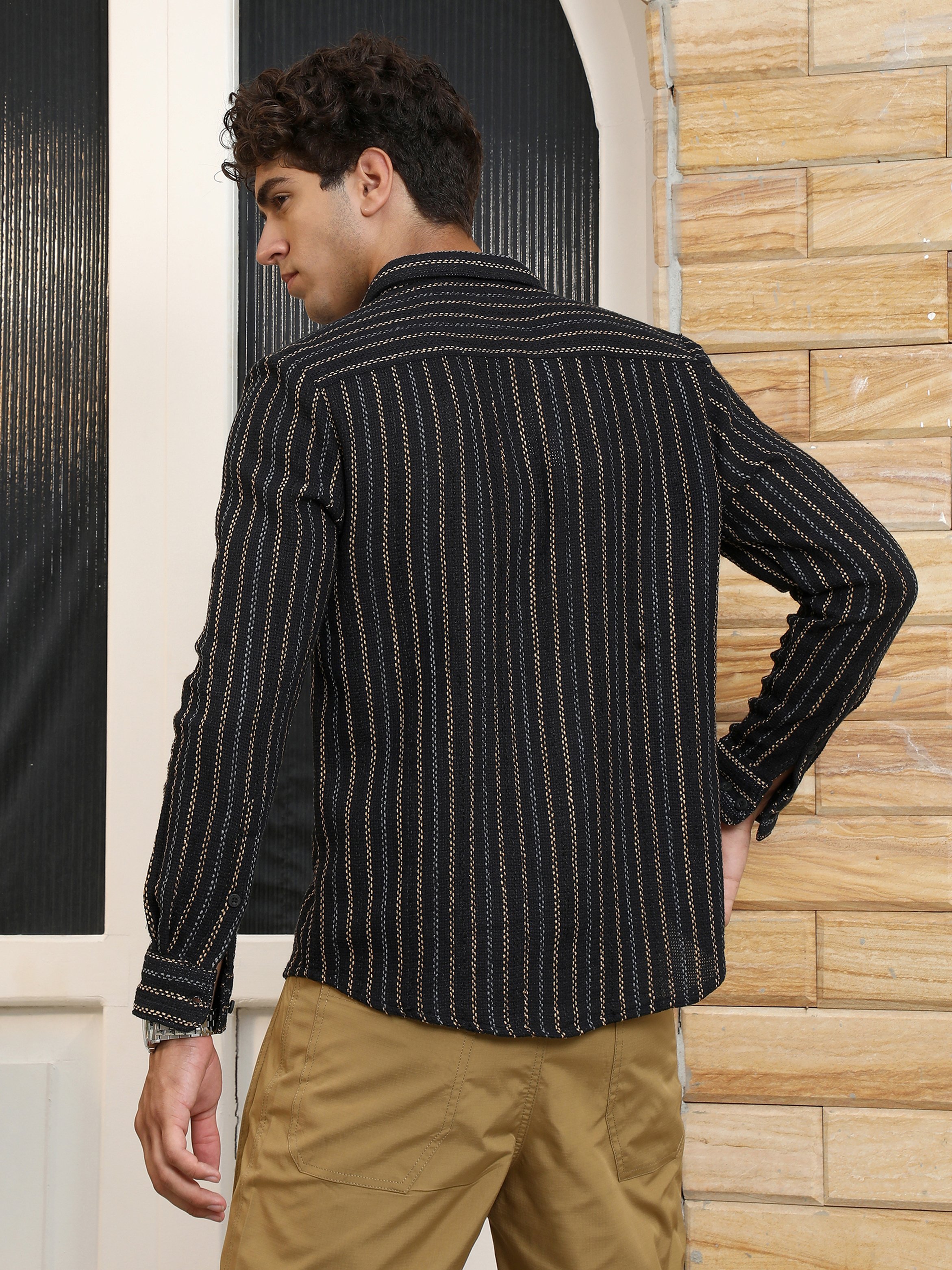Men Onyx Black Duo-Jacquard Striped Shirt