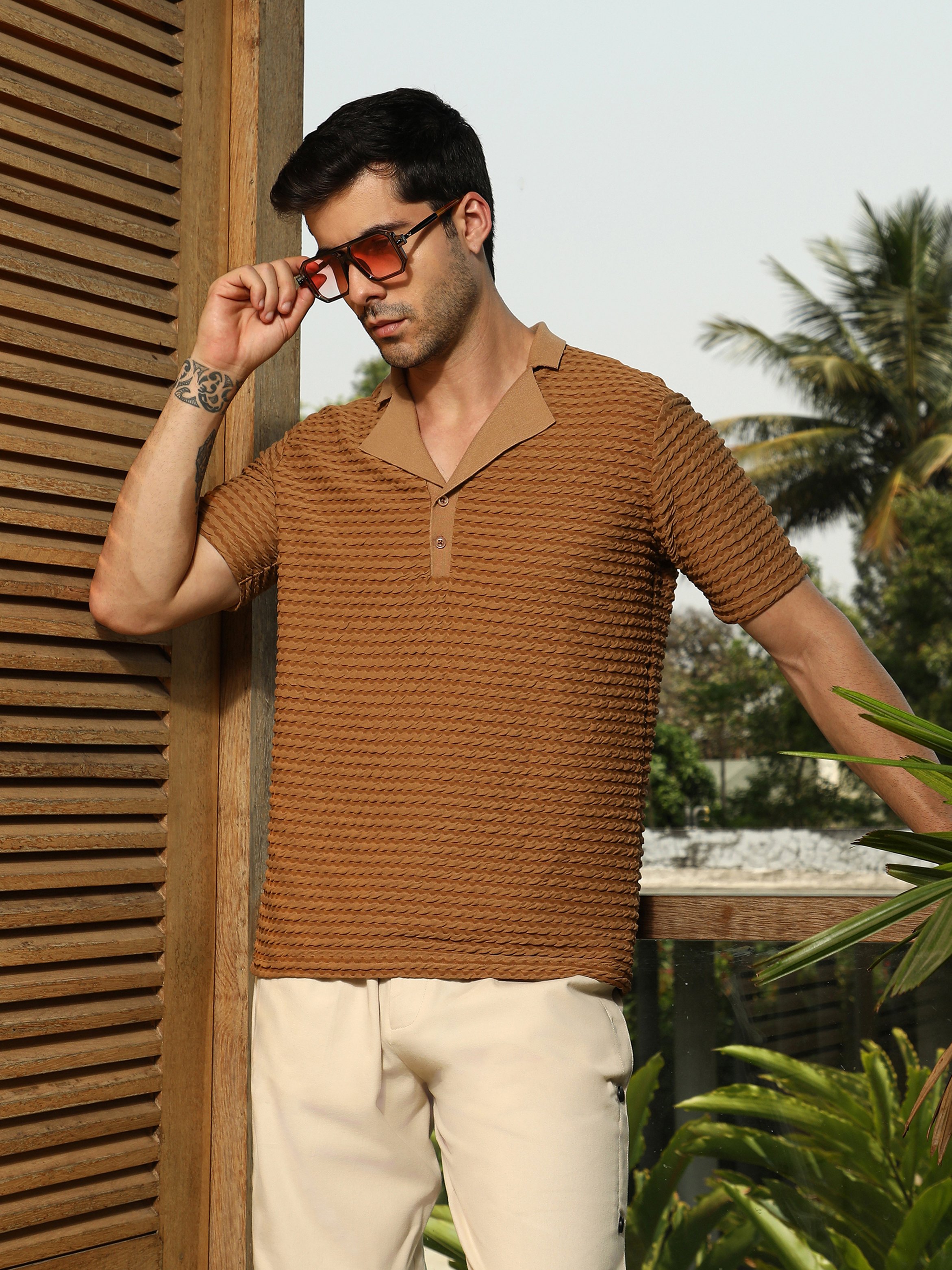 Men Brown Textured Short Sleeve Polo