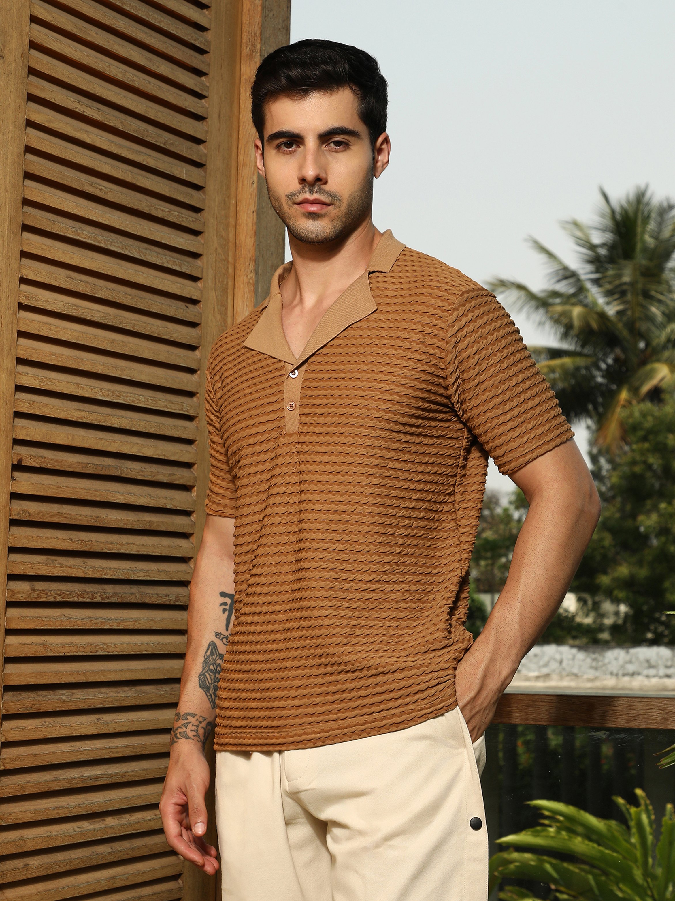 Men Brown Textured Short Sleeve Polo