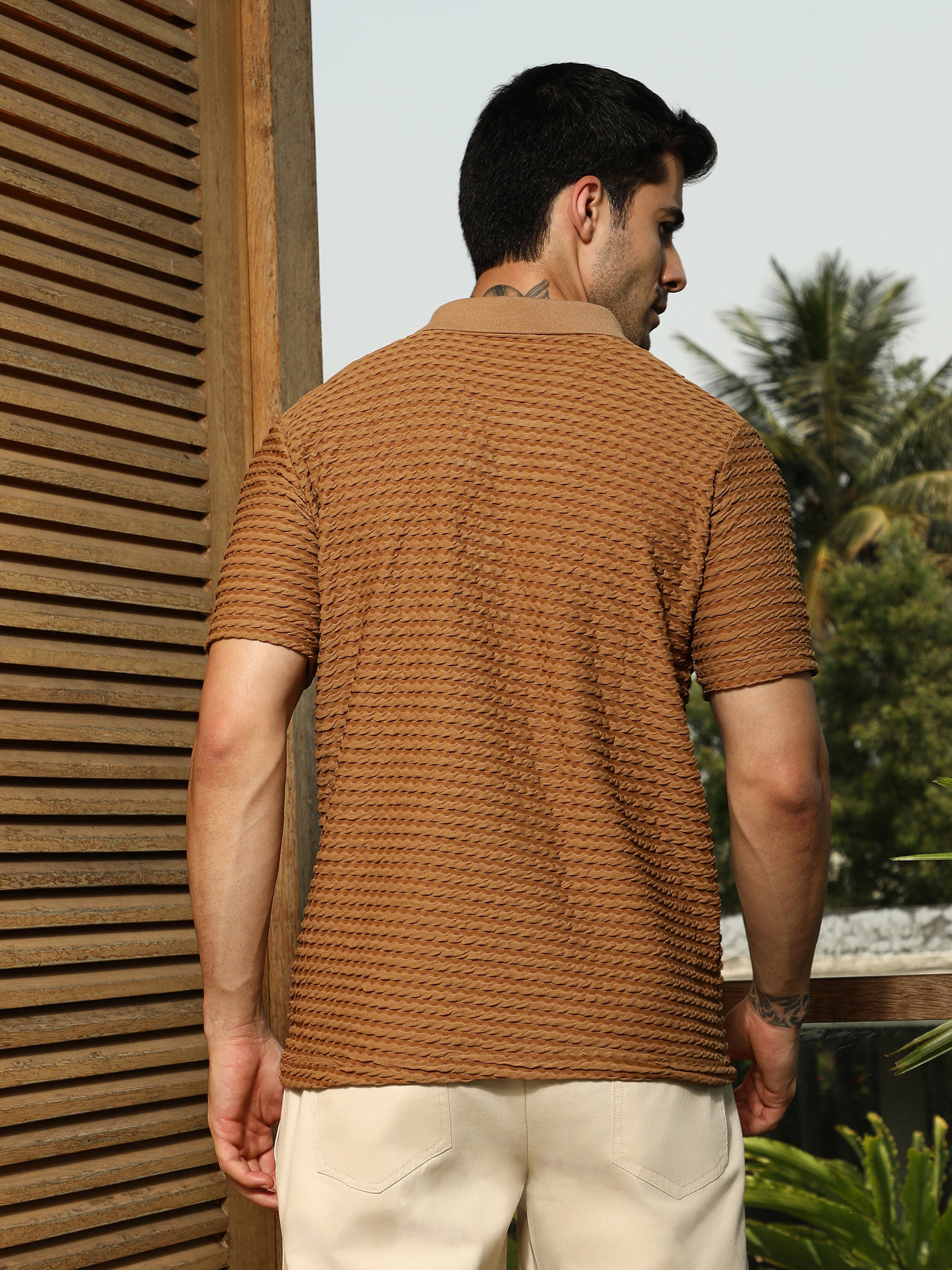 Men Brown Textured Short Sleeve Polo