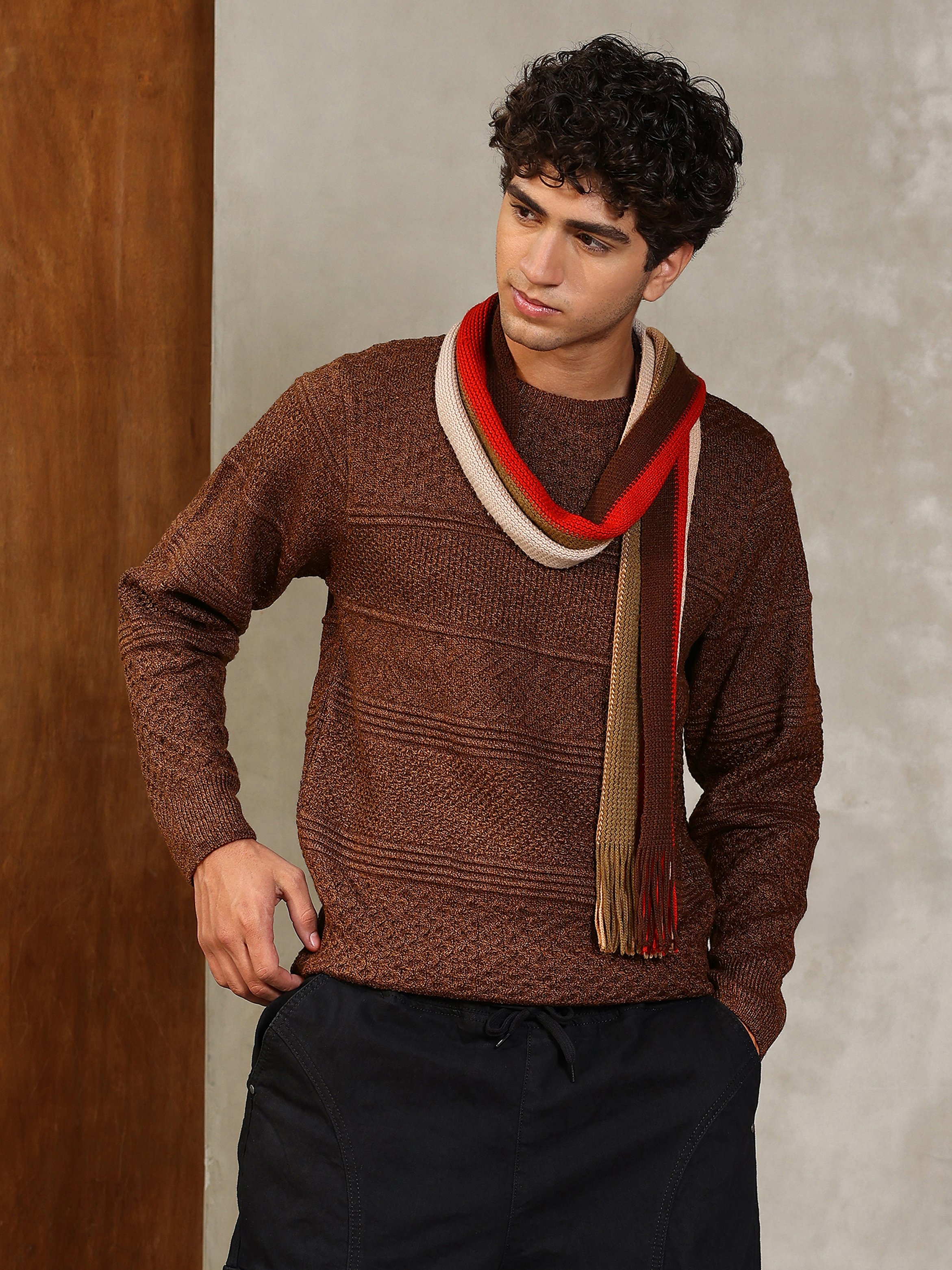 Men Coffee Brown Jacquard Knit Sweater