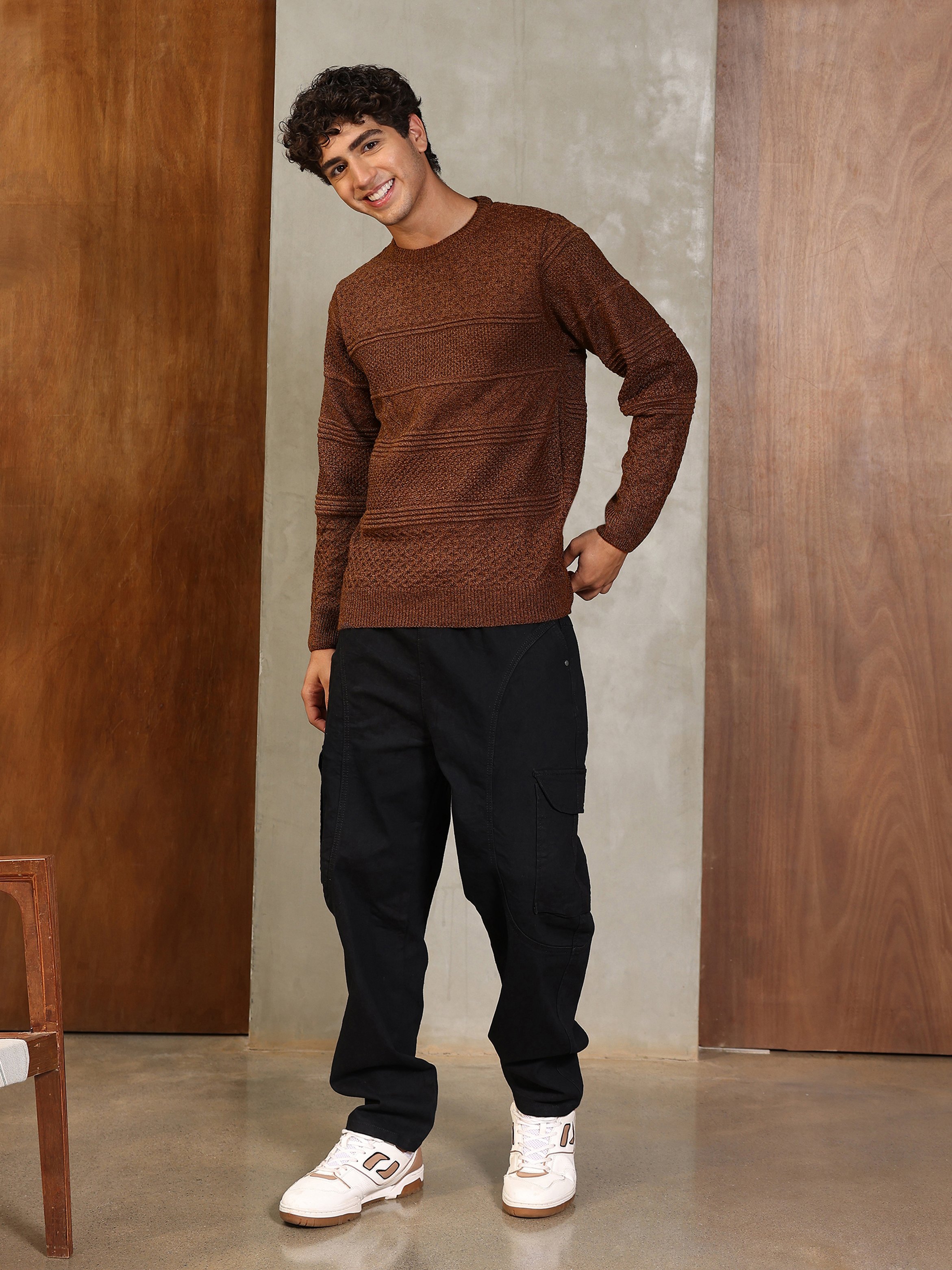 Men Coffee Brown Jacquard Knit Sweater