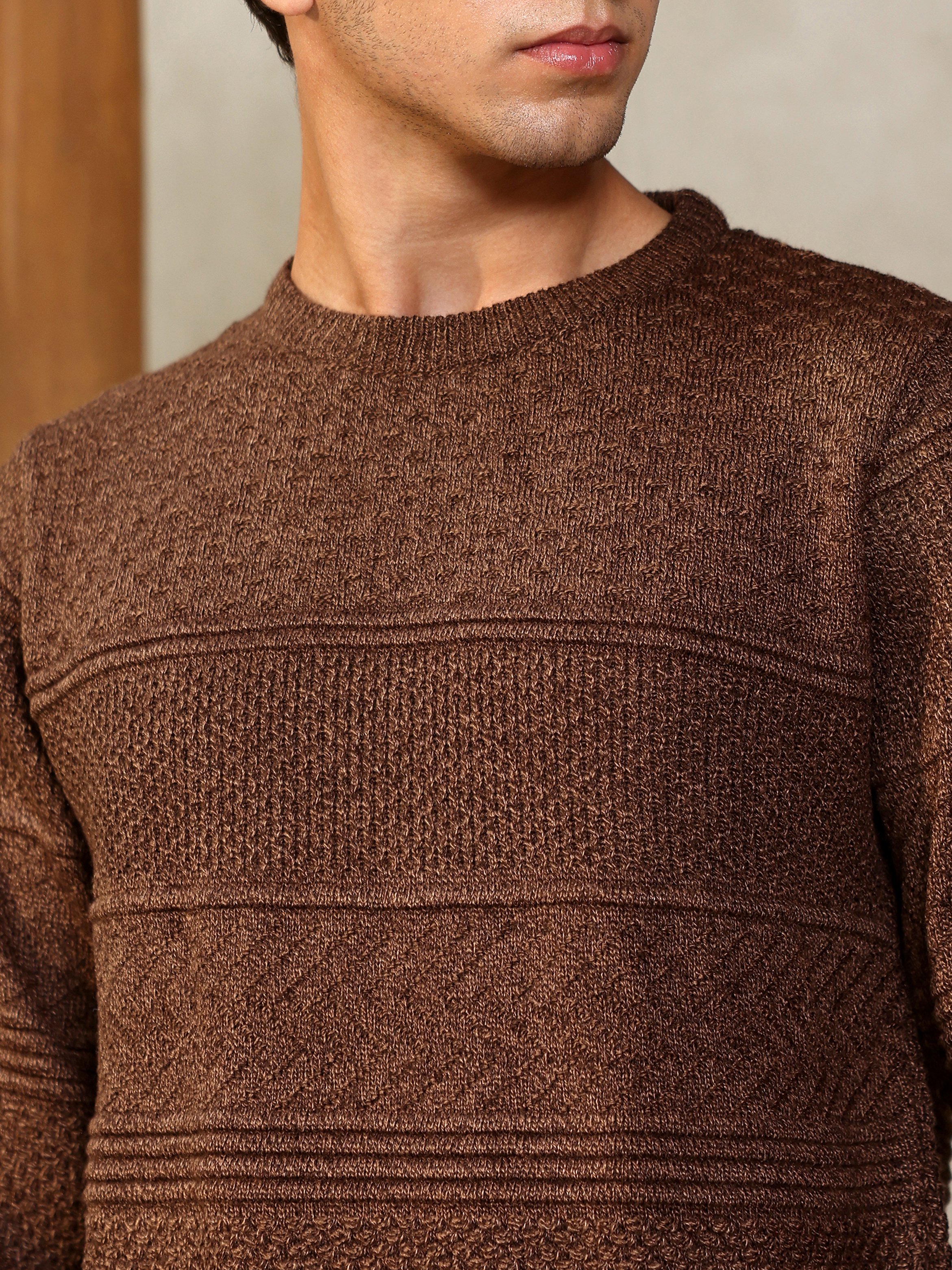 Men Coffee Brown Jacquard Knit Sweater