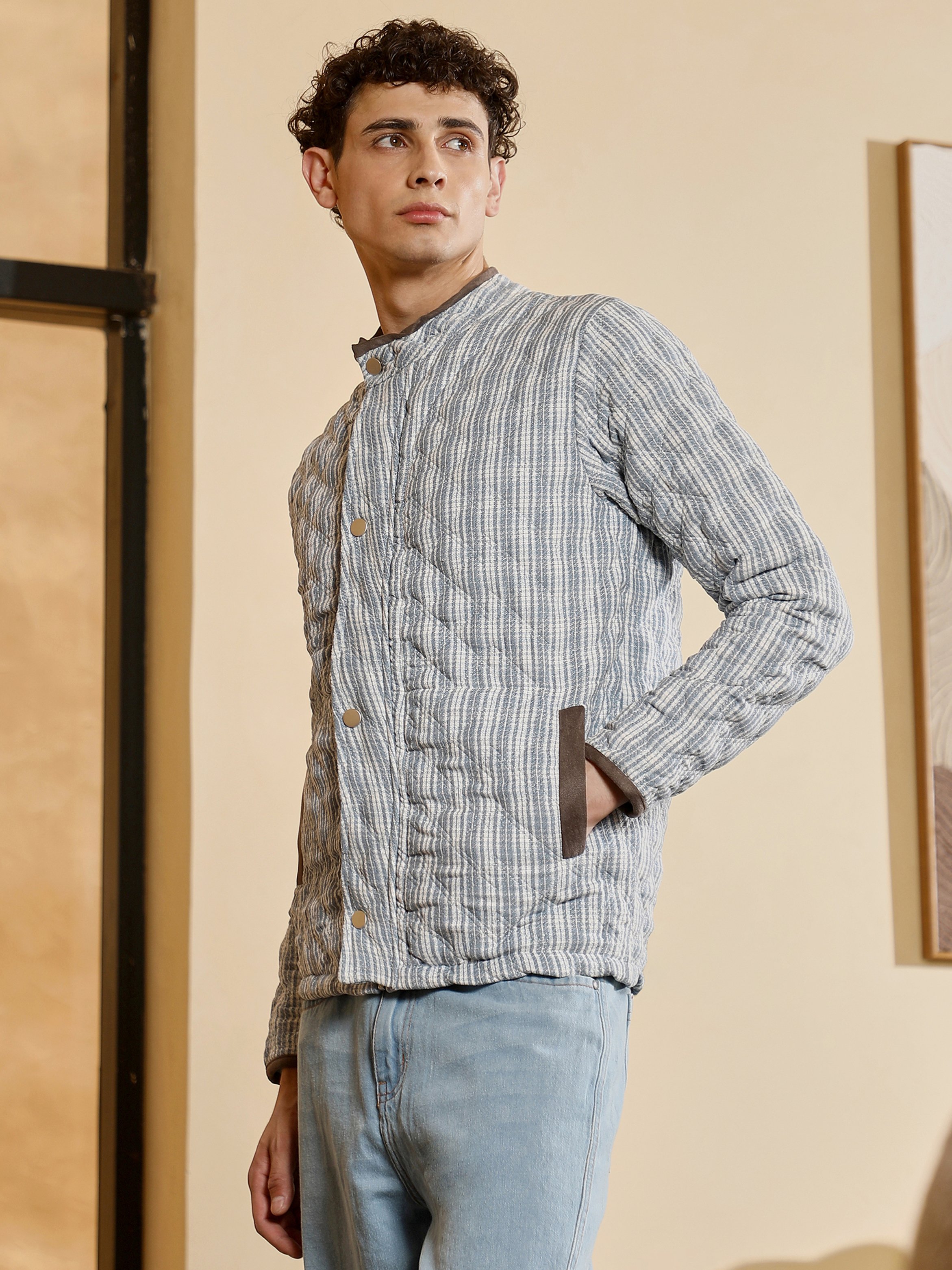 Men Grey Woven-Striped Quilted Jacket