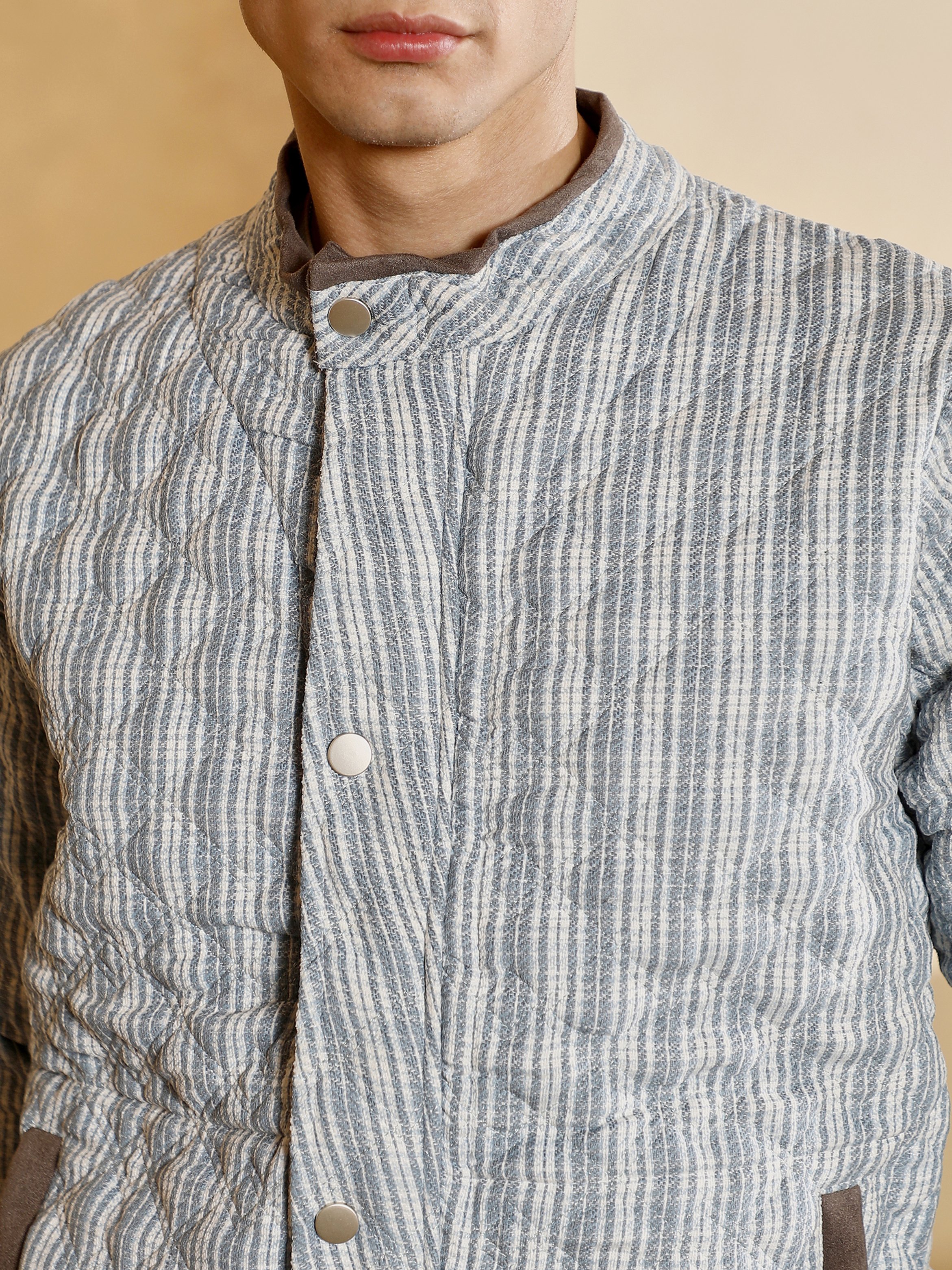 Men Grey Woven-Striped Quilted Jacket