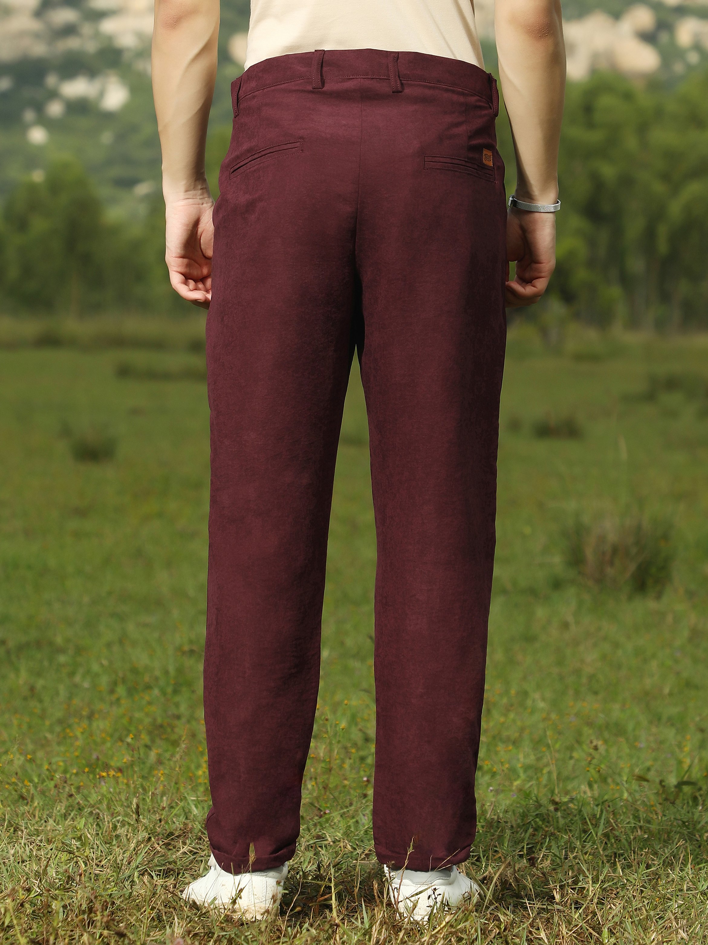 Men Burgundy Red Velvique Tailored Trousers
