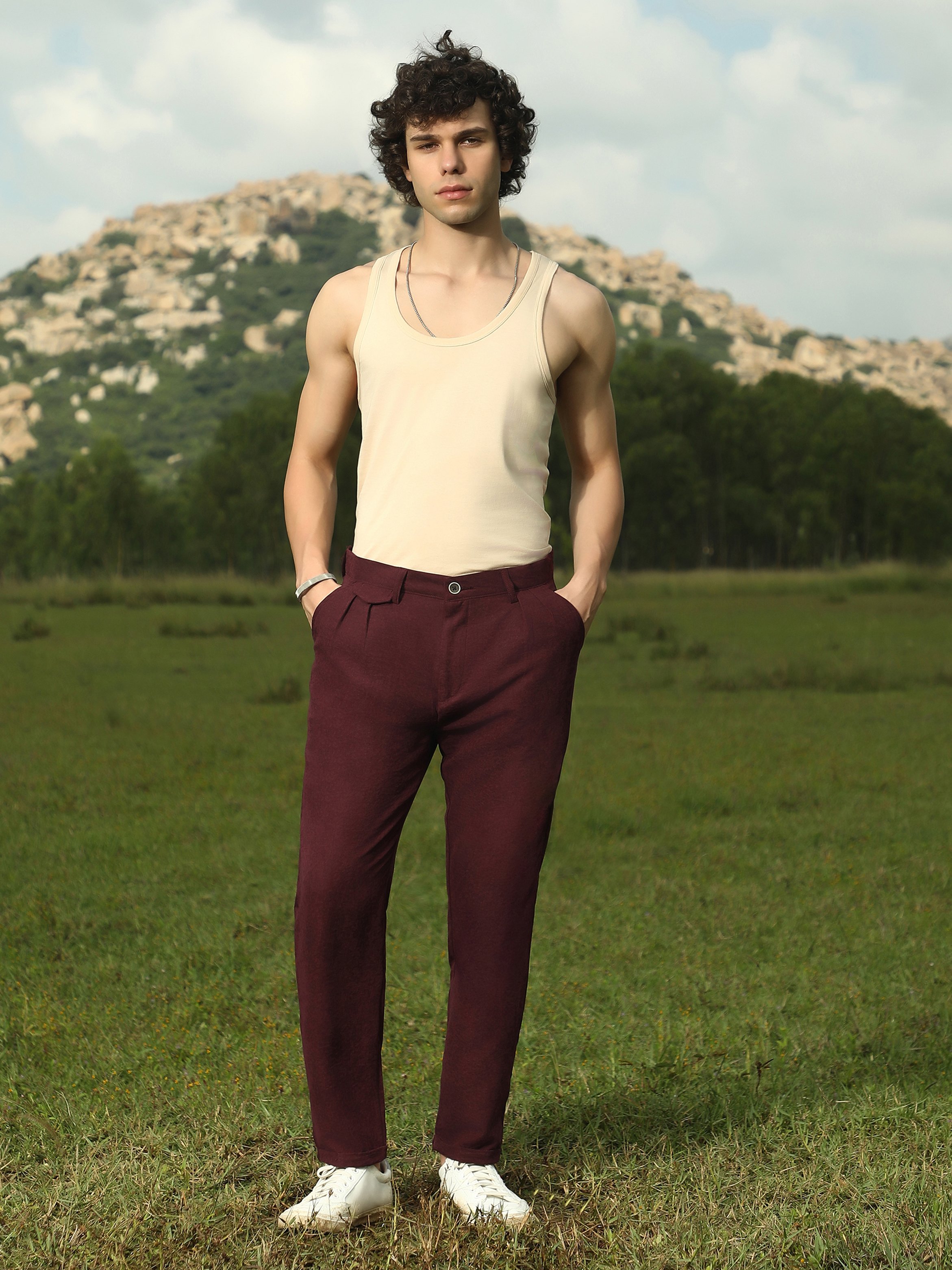 Men Burgundy Red Velvique Tailored Trousers