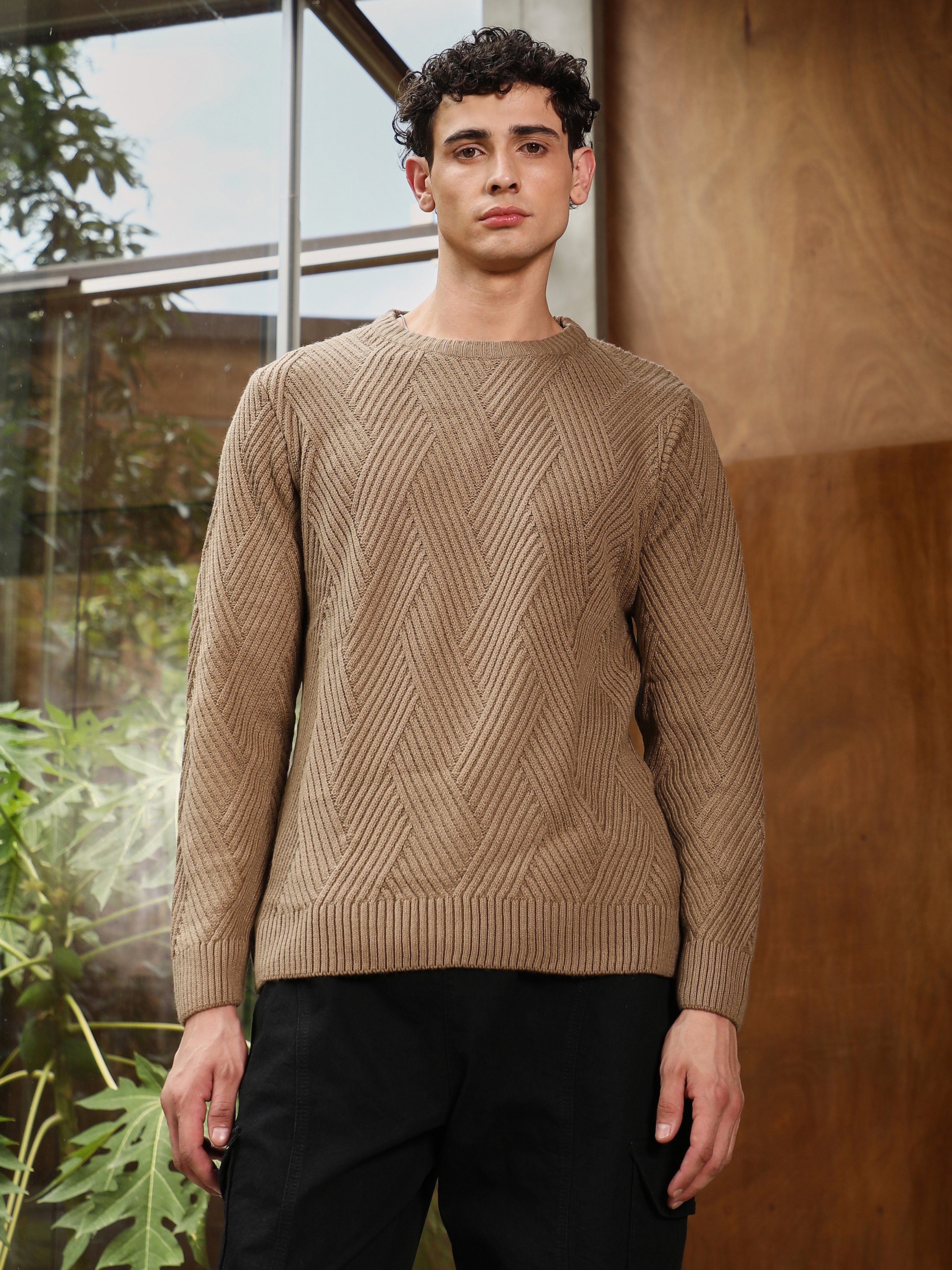 Men Beige Basket-Jacquard Knit Sweater