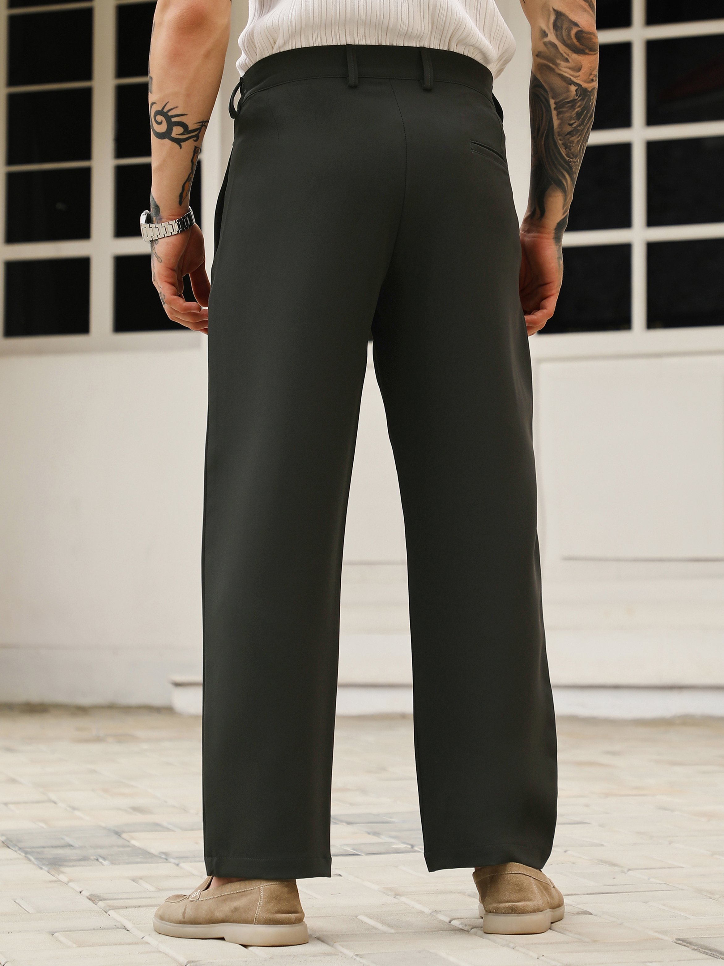 Men Charcoal Grey Pleat-Straight Tailored Trousers