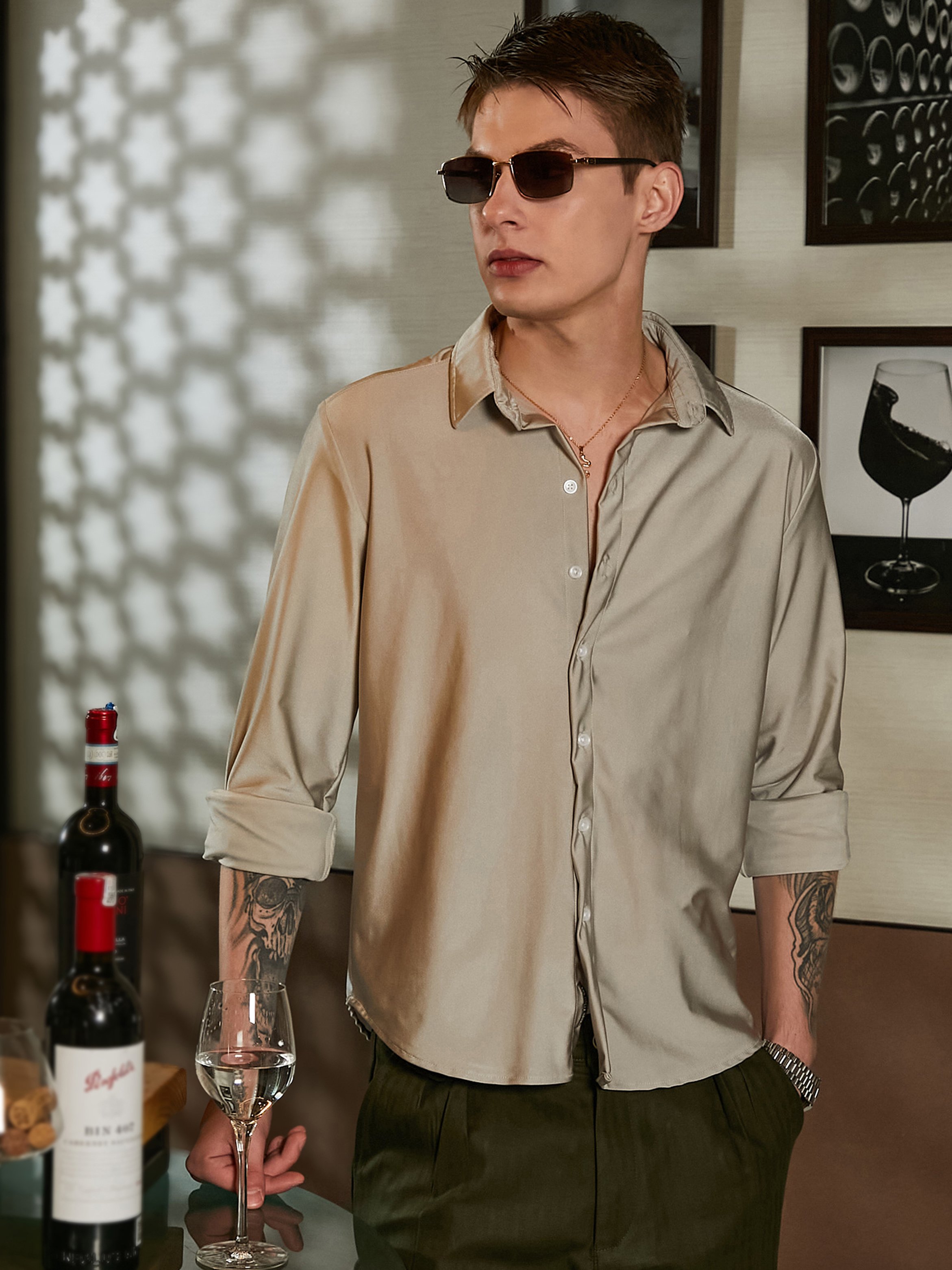 Men Grey Solid Buttoned Shirt