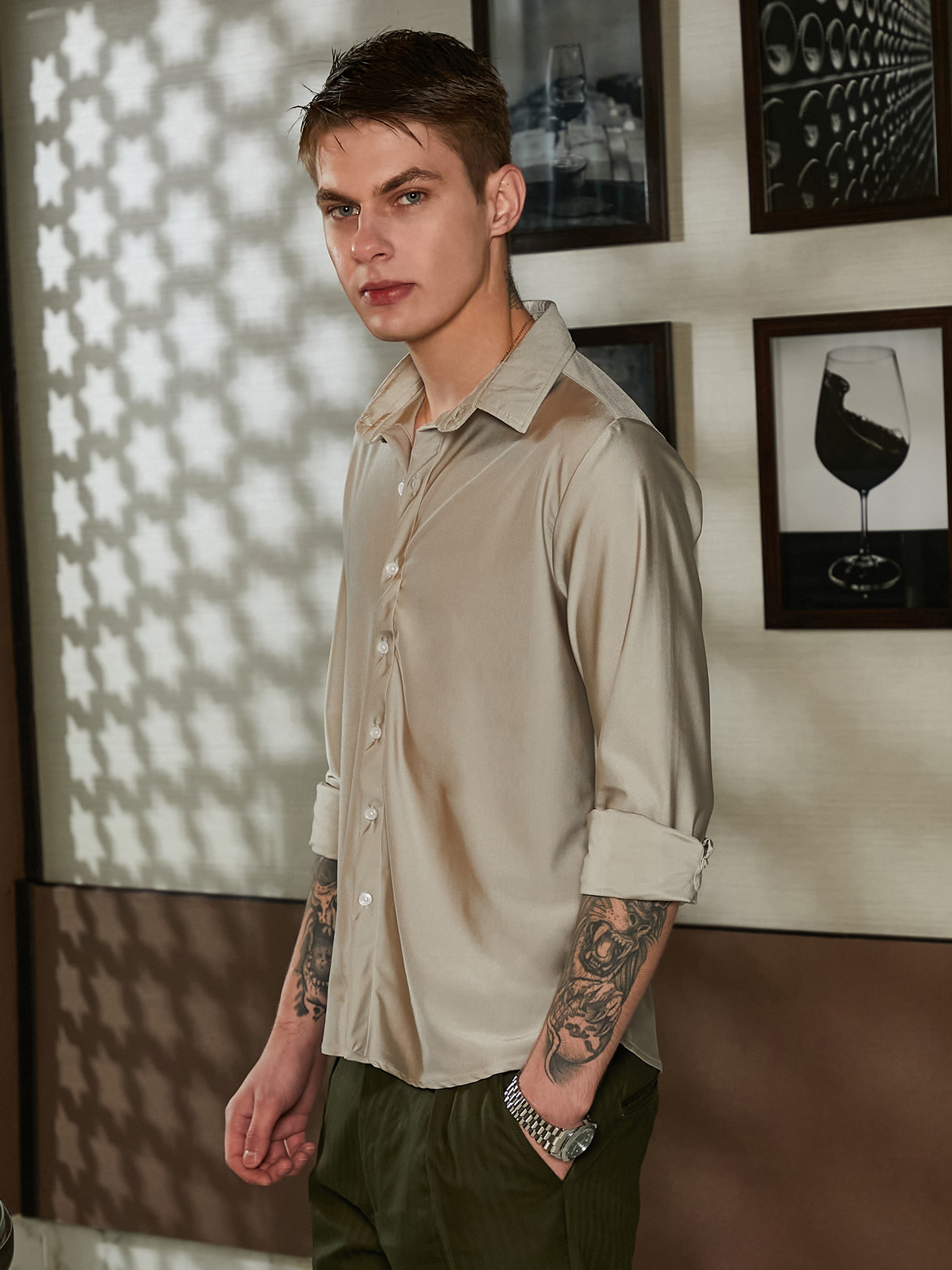 Men Grey Solid Buttoned Shirt