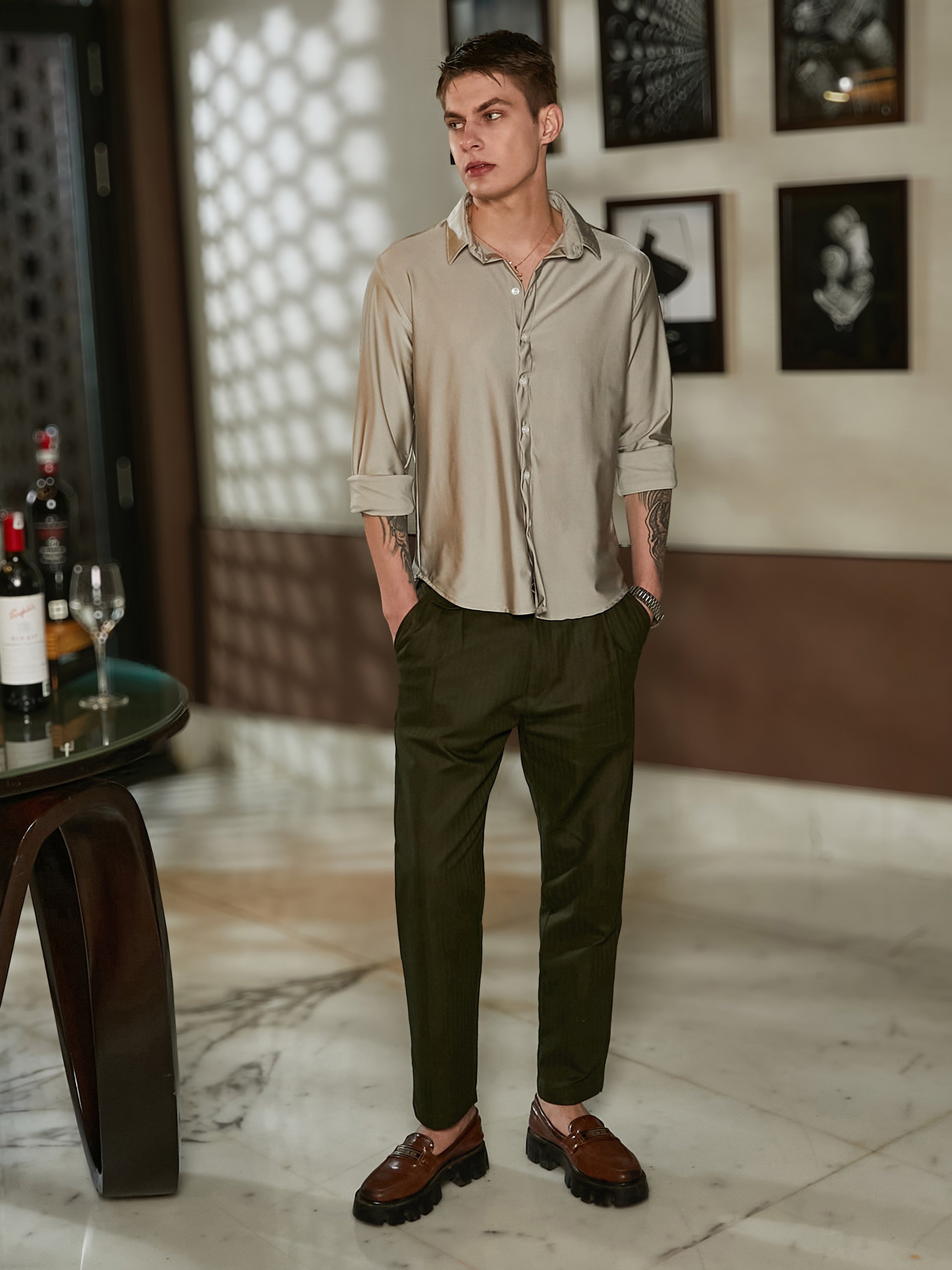 Men Grey Solid Buttoned Shirt
