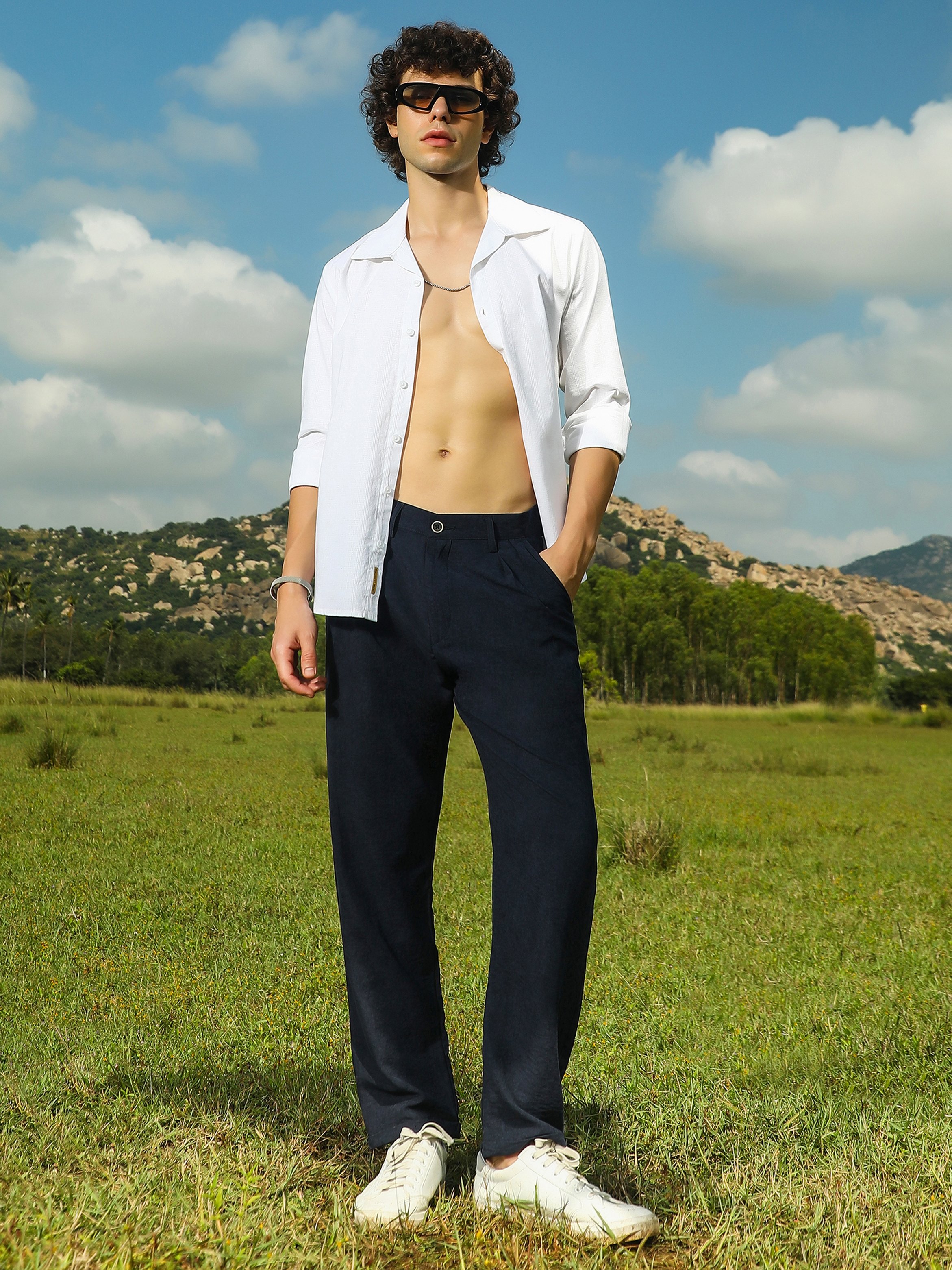 Men Prussian Blue Velvique Tailored Trousers