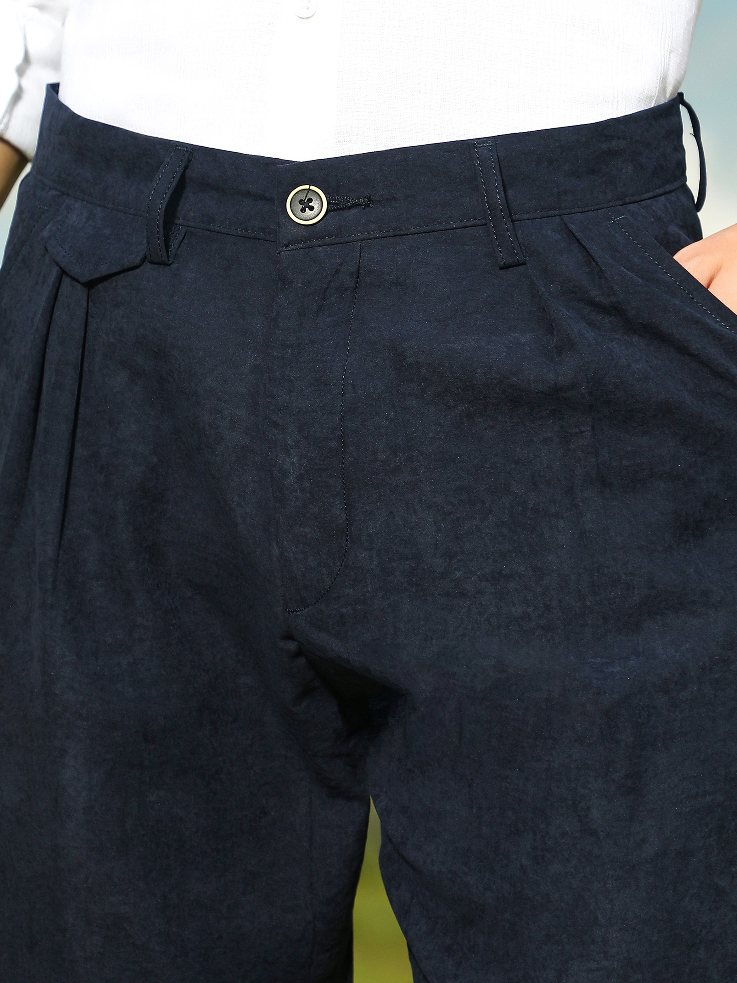 Men Prussian Blue Velvique Tailored Trousers