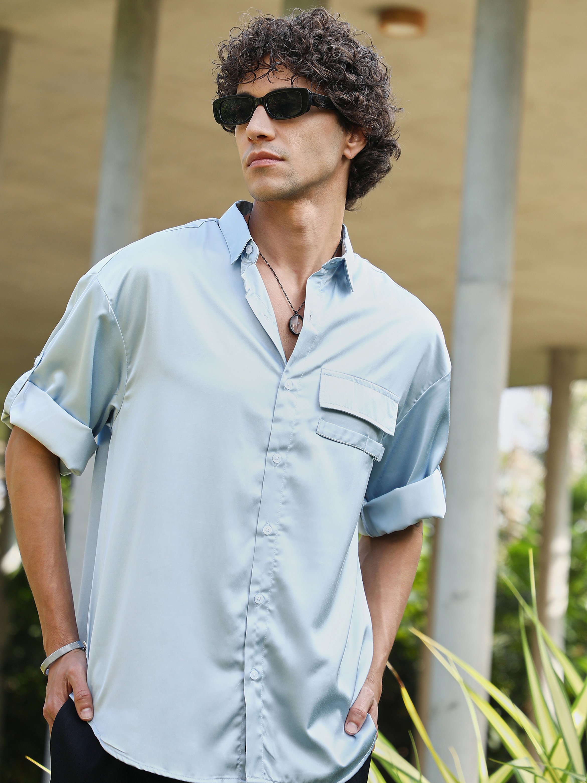 Men Light Blue Satin-Utility Oversized Shirt
