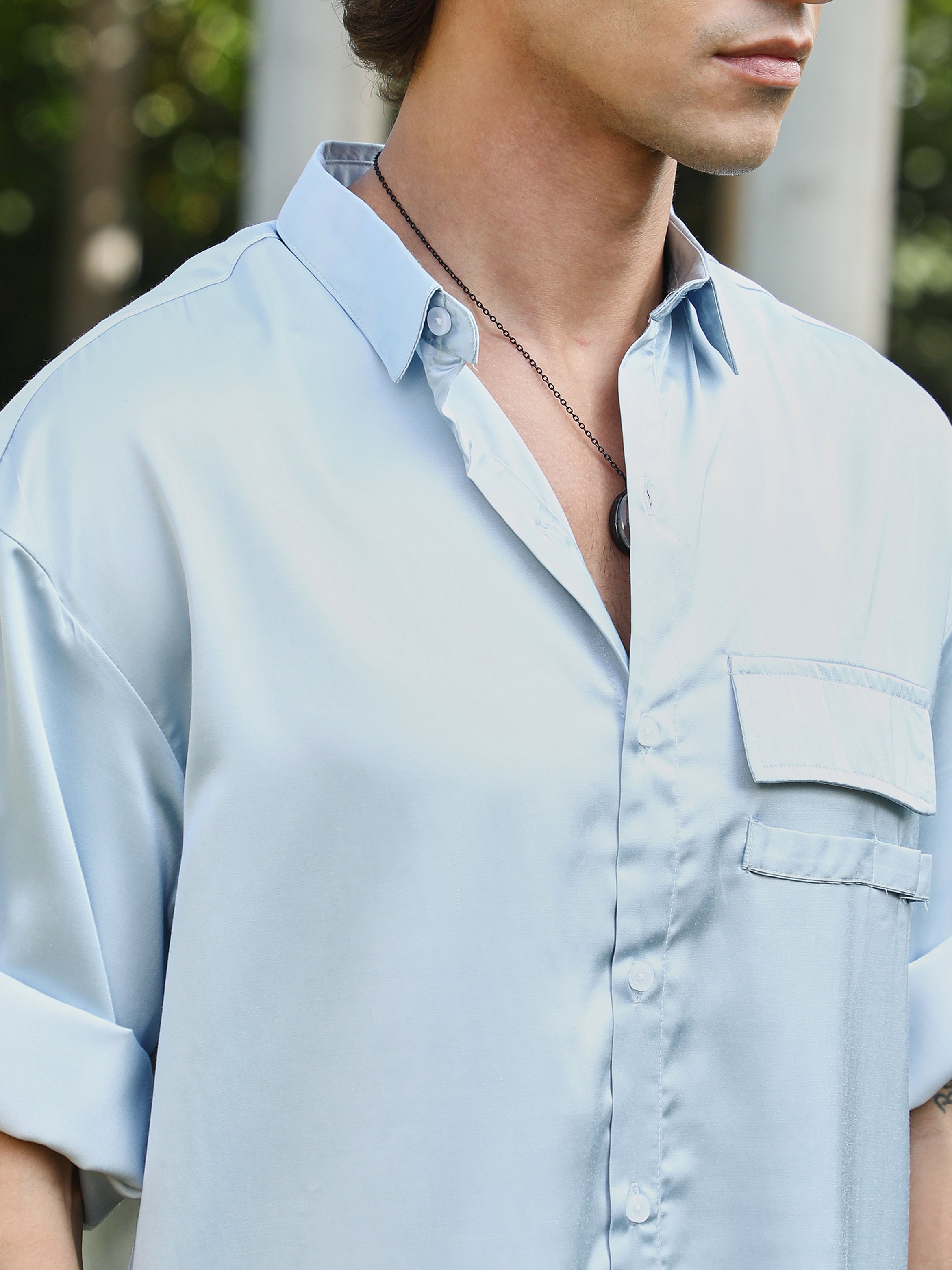 Men Light Blue Satin-Utility Oversized Shirt