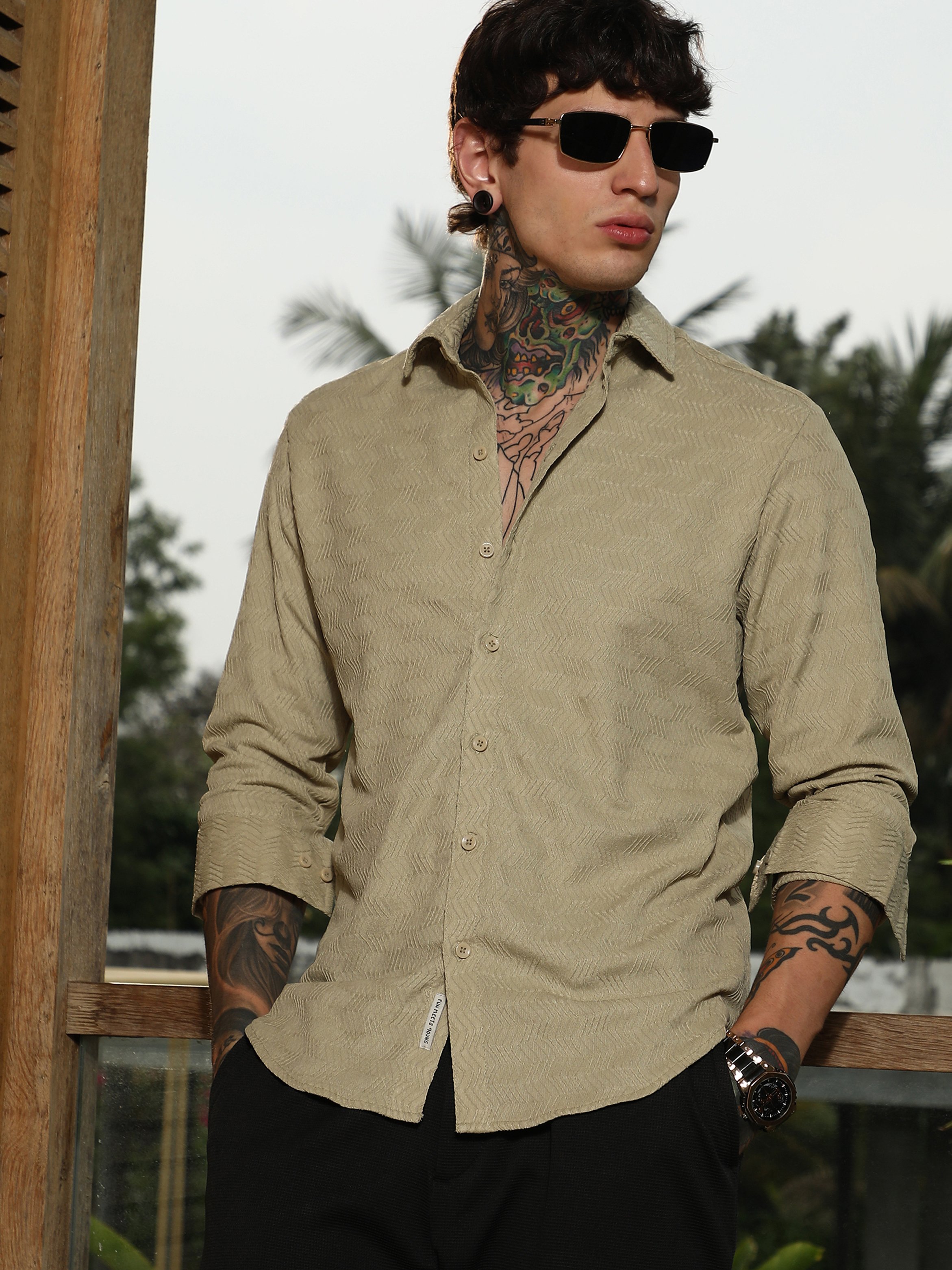 Men Beige Textured Spread Collar Shirt