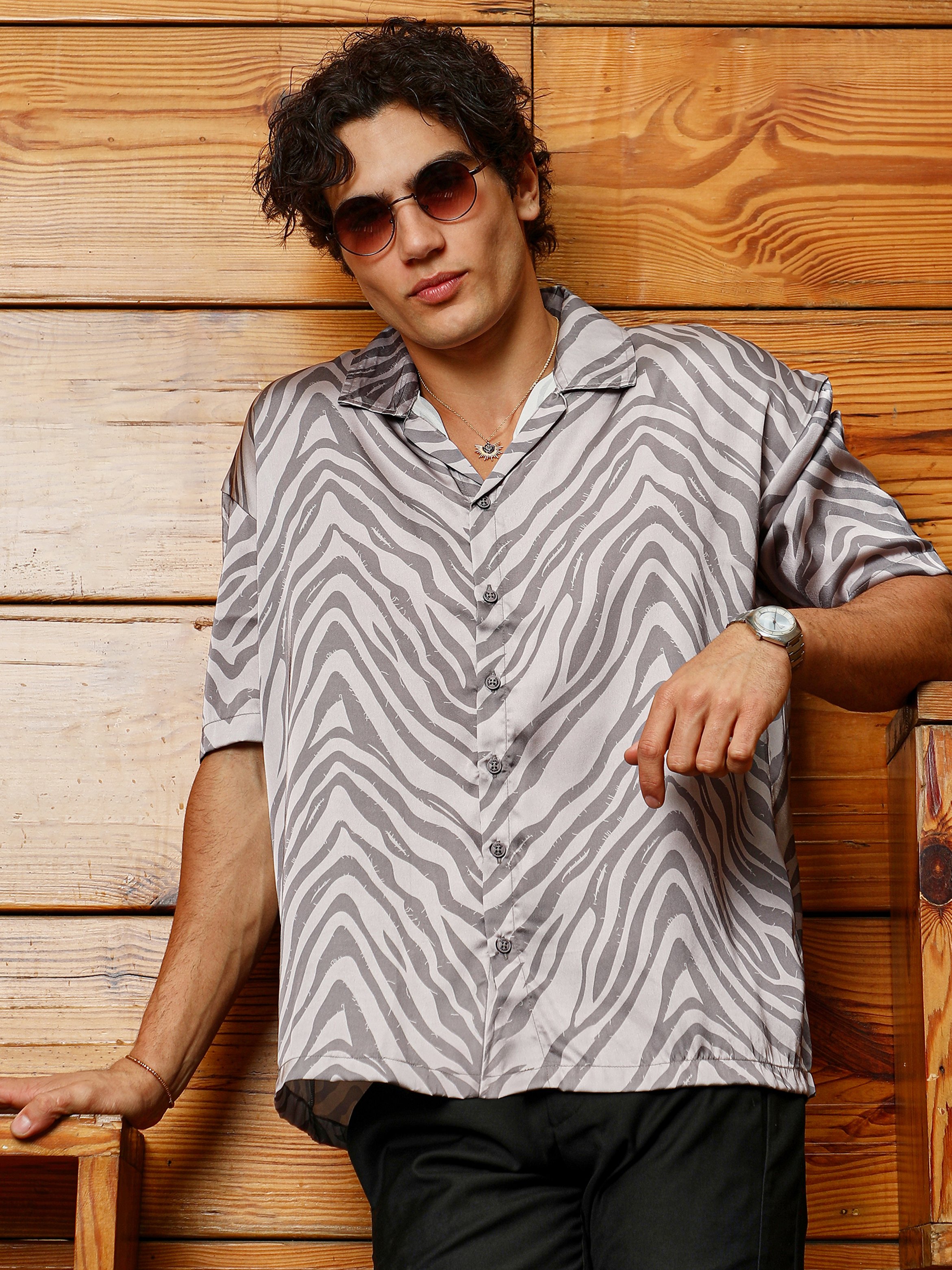 Men Charcoal Grey Zebra Satin Oversized Shirt