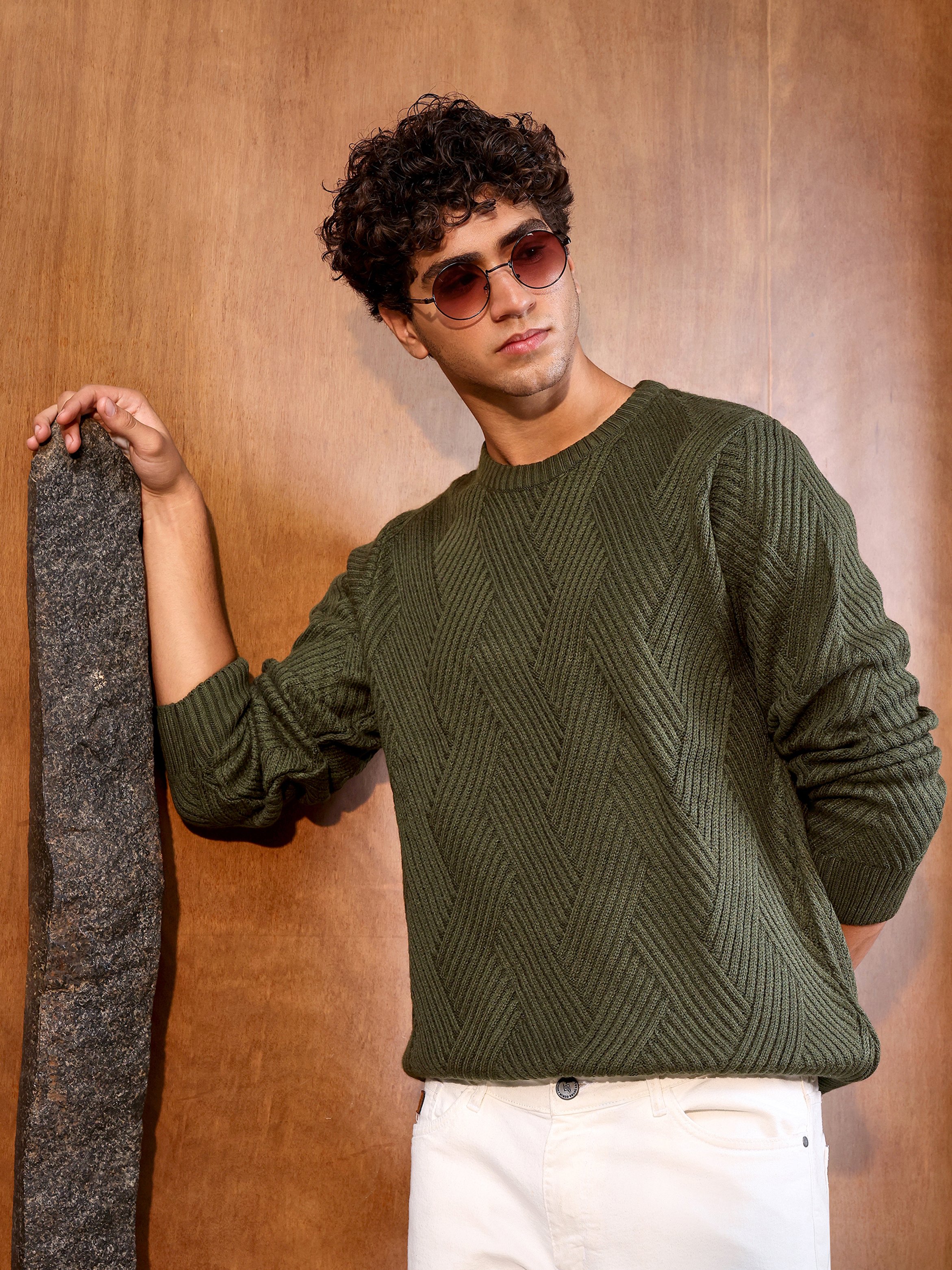Men Army Green Jacquard Knitted Sweater