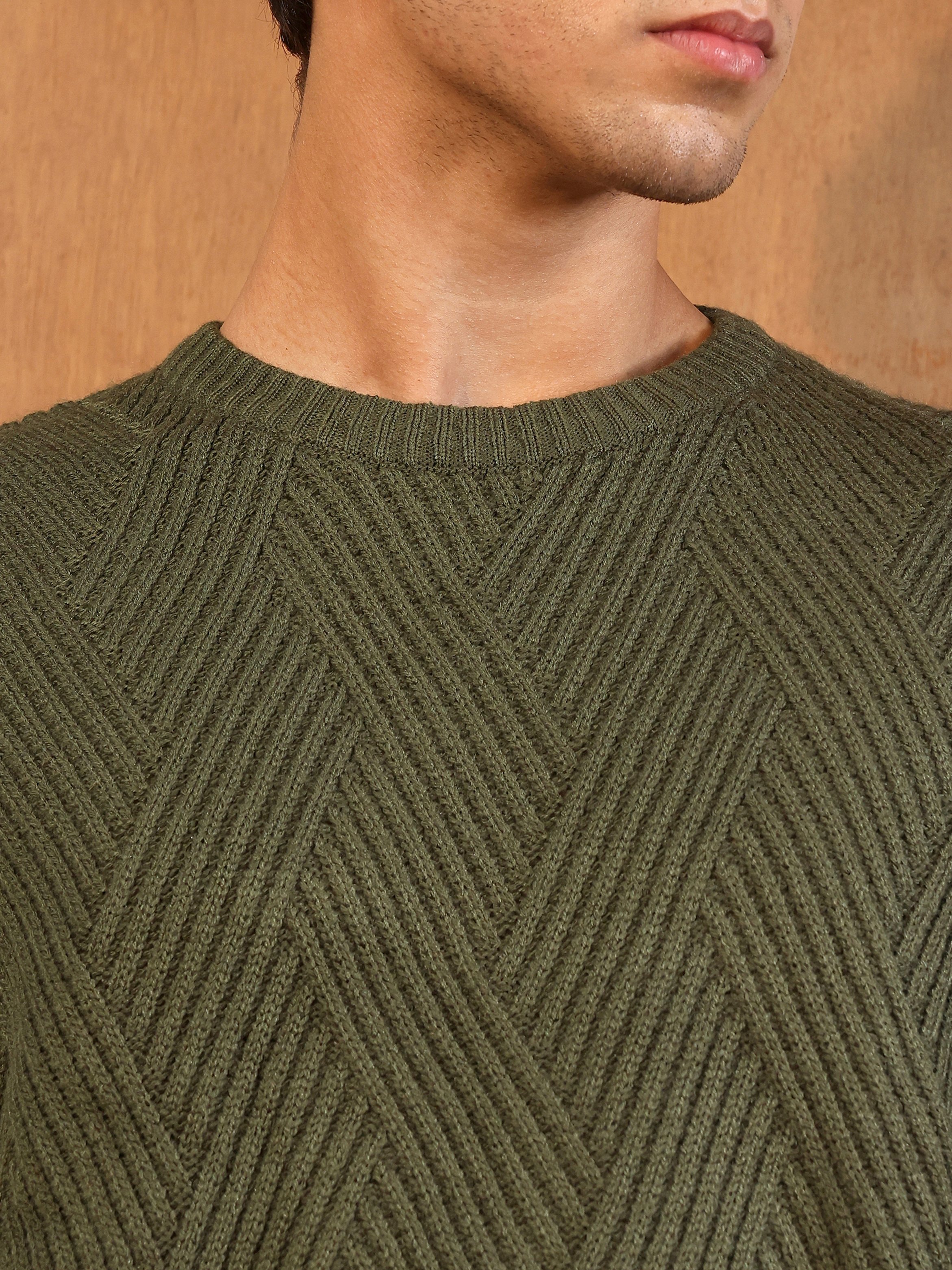 Men Army Green Jacquard Knitted Sweater