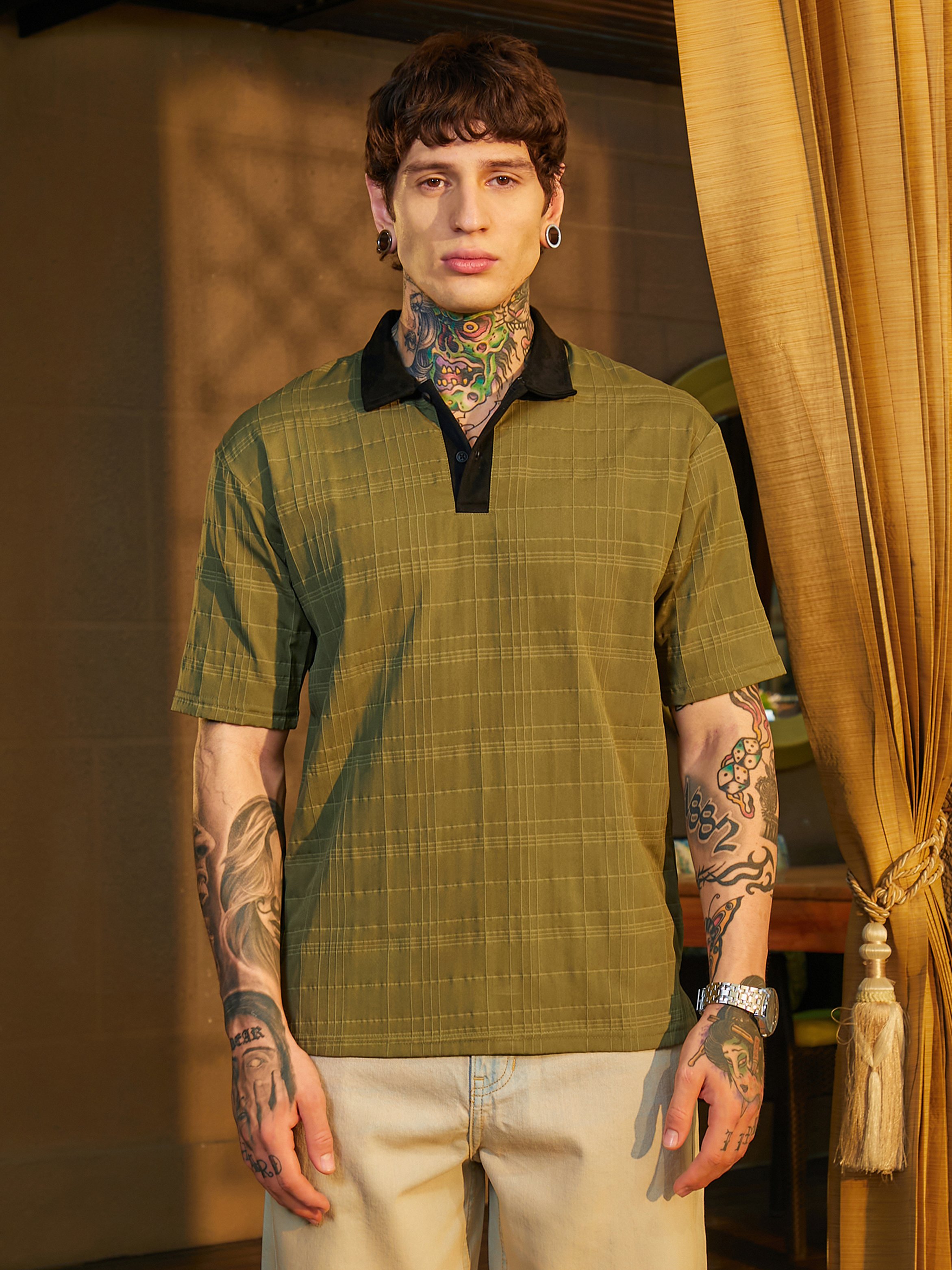 Men Olive Contrast Grid Polo