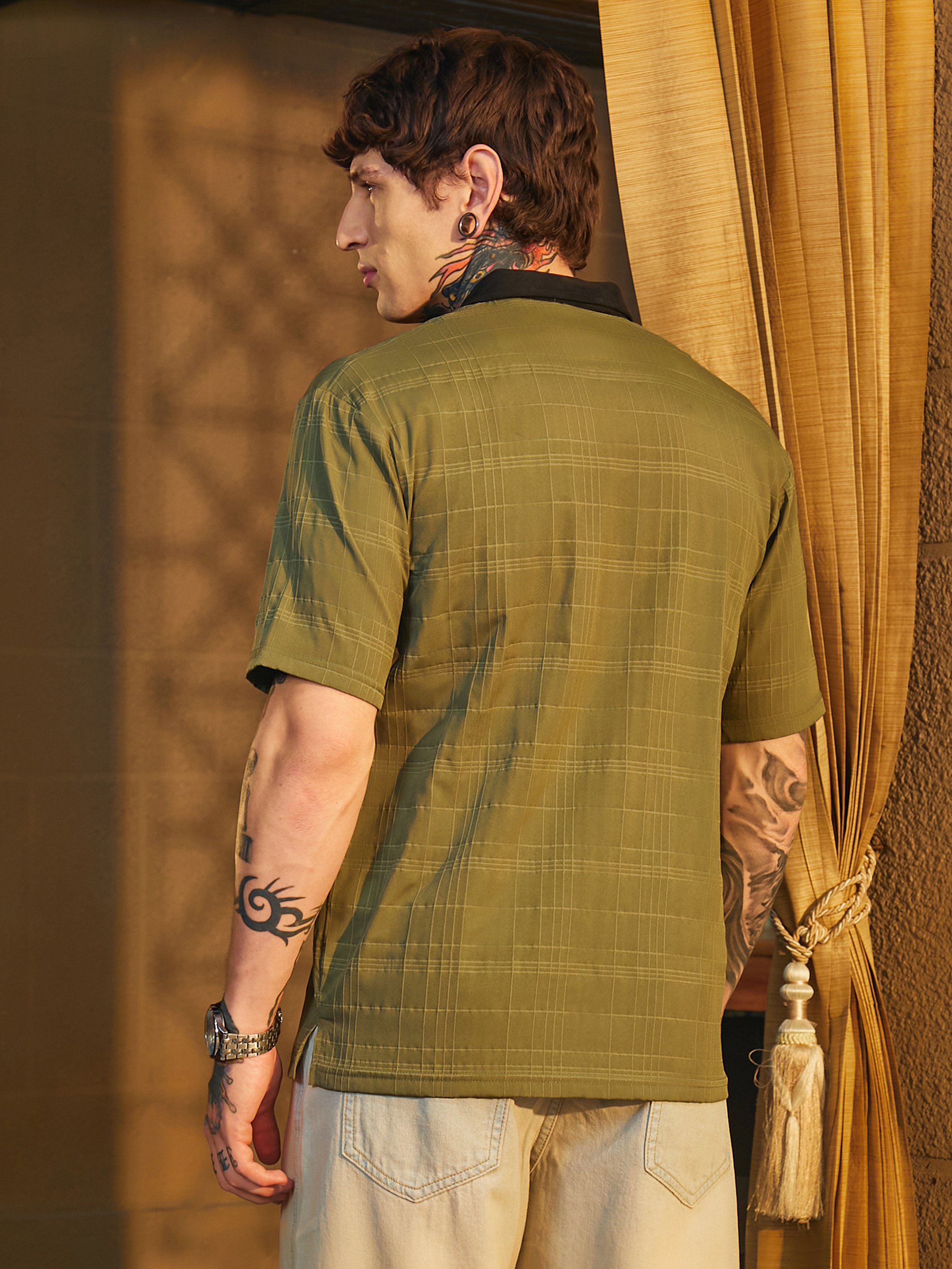Men Olive Contrast Grid Polo