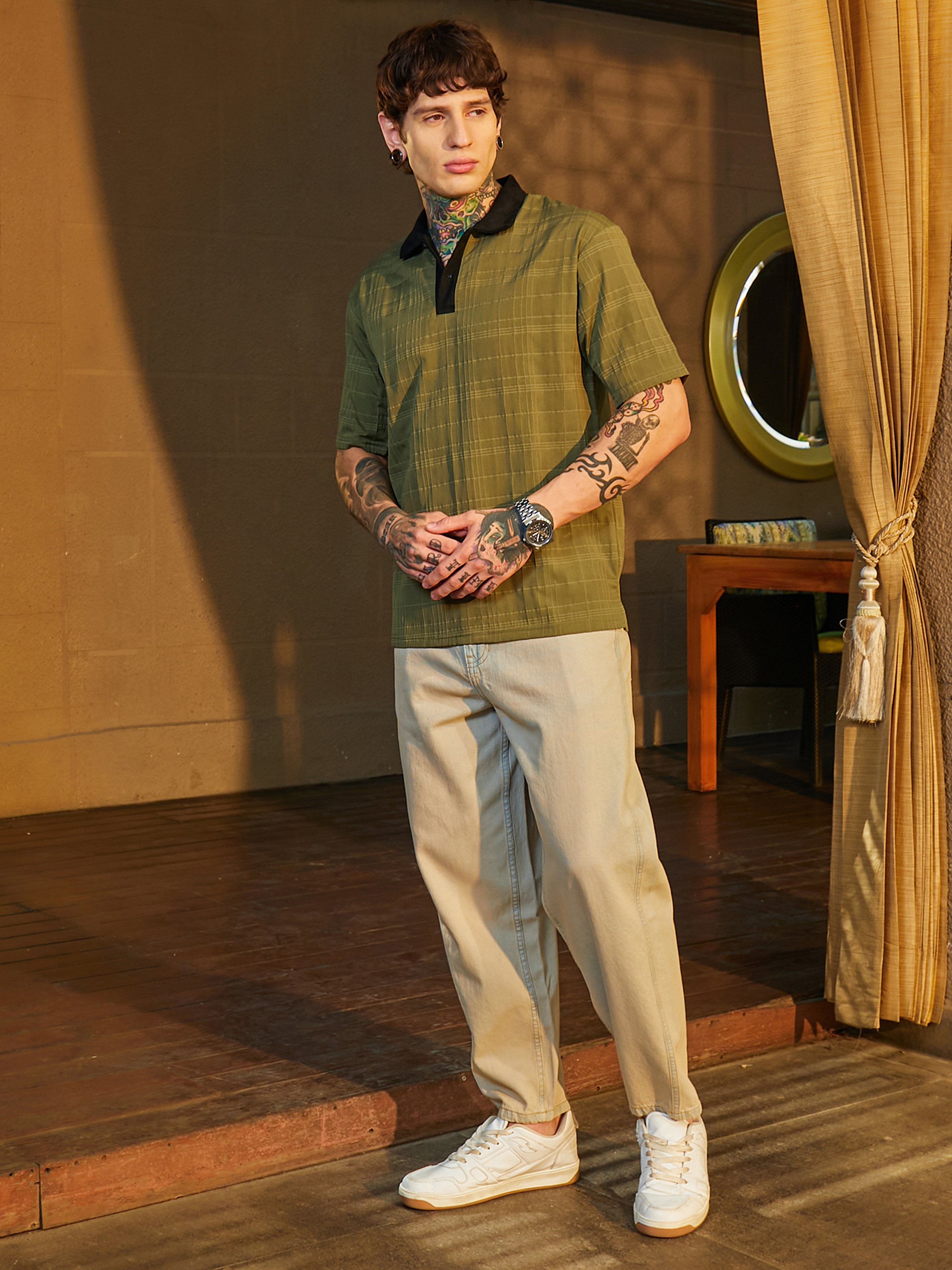 Men Olive Contrast Grid Polo