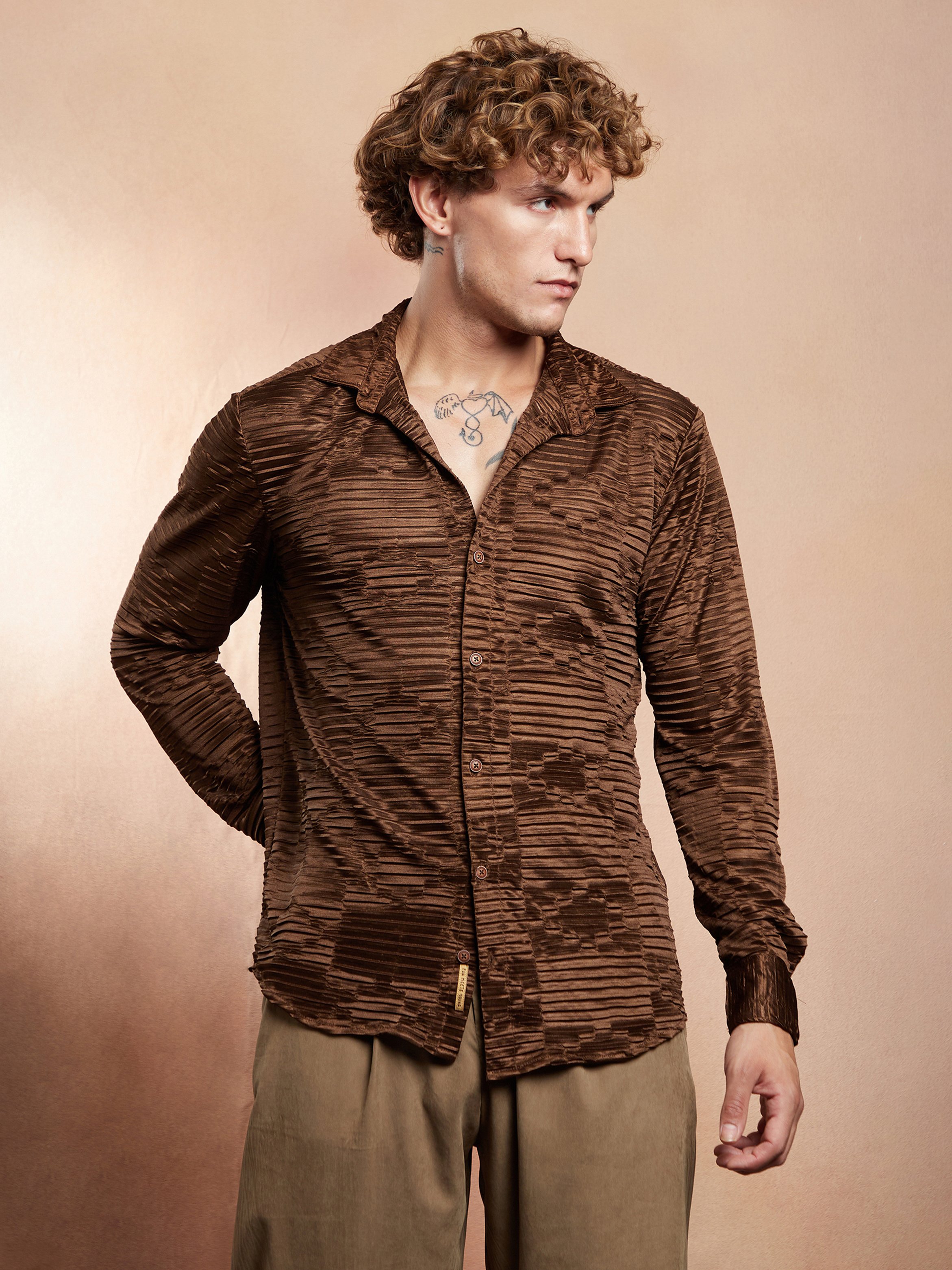 Men Chocolate Brown Textured Printed Shirt