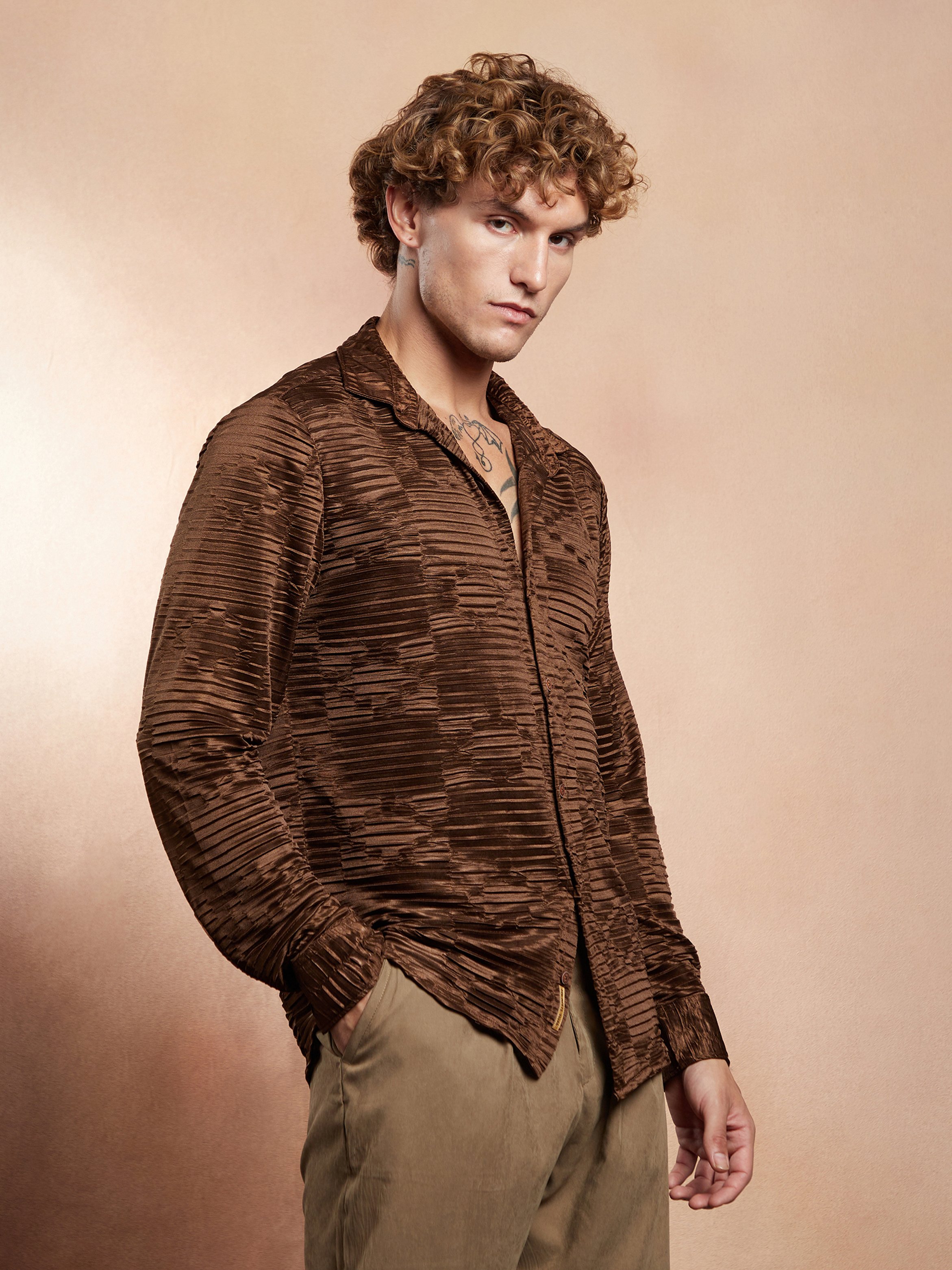Men Chocolate Brown Textured Printed Shirt