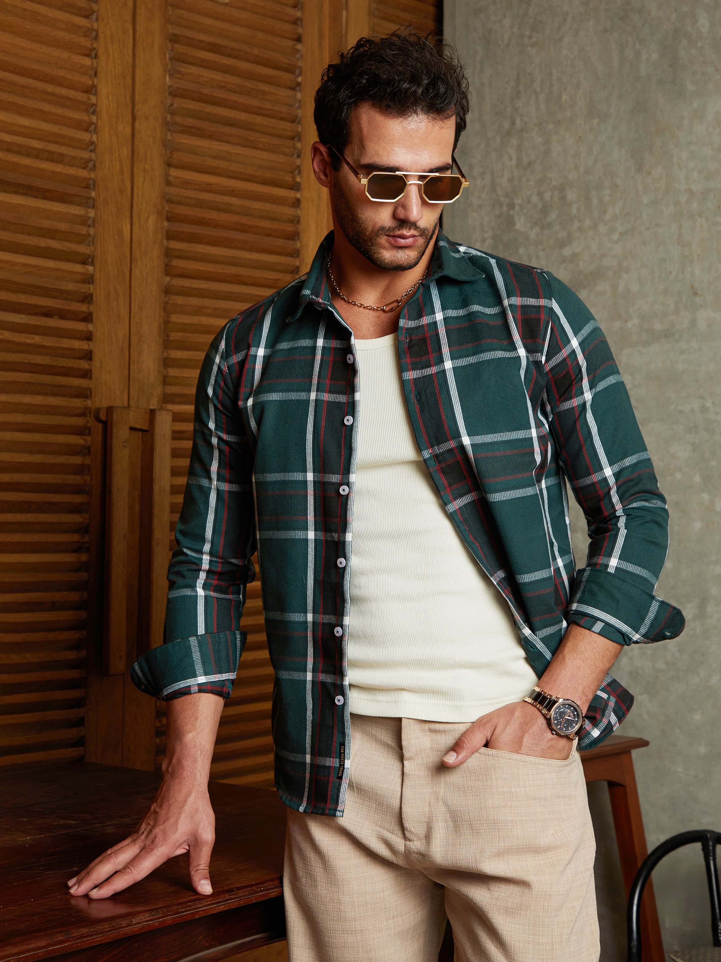 Men Emerald Green Ribbed-Plaid Relaxed Shirt