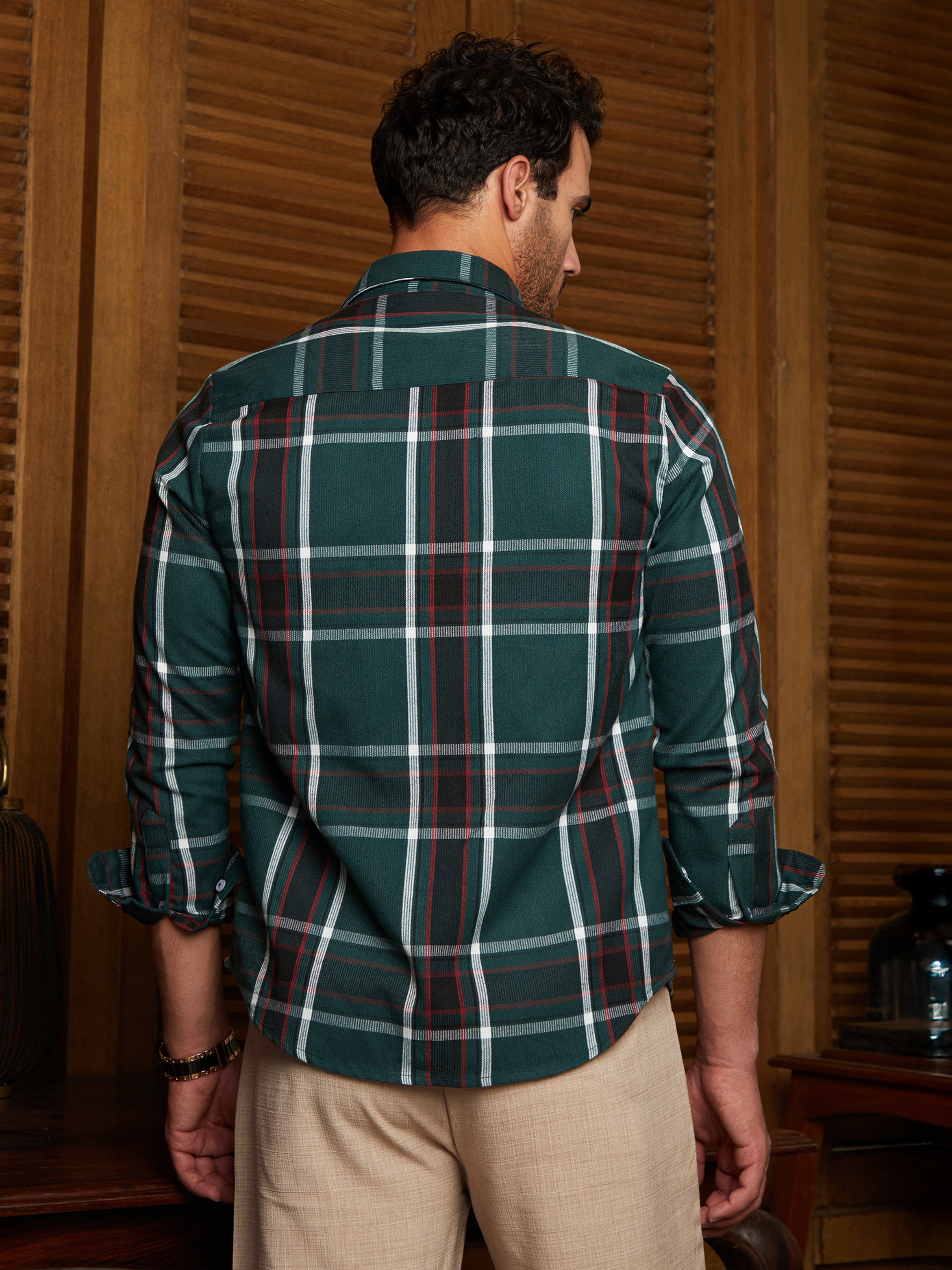 Men Emerald Green Ribbed-Plaid Relaxed Shirt