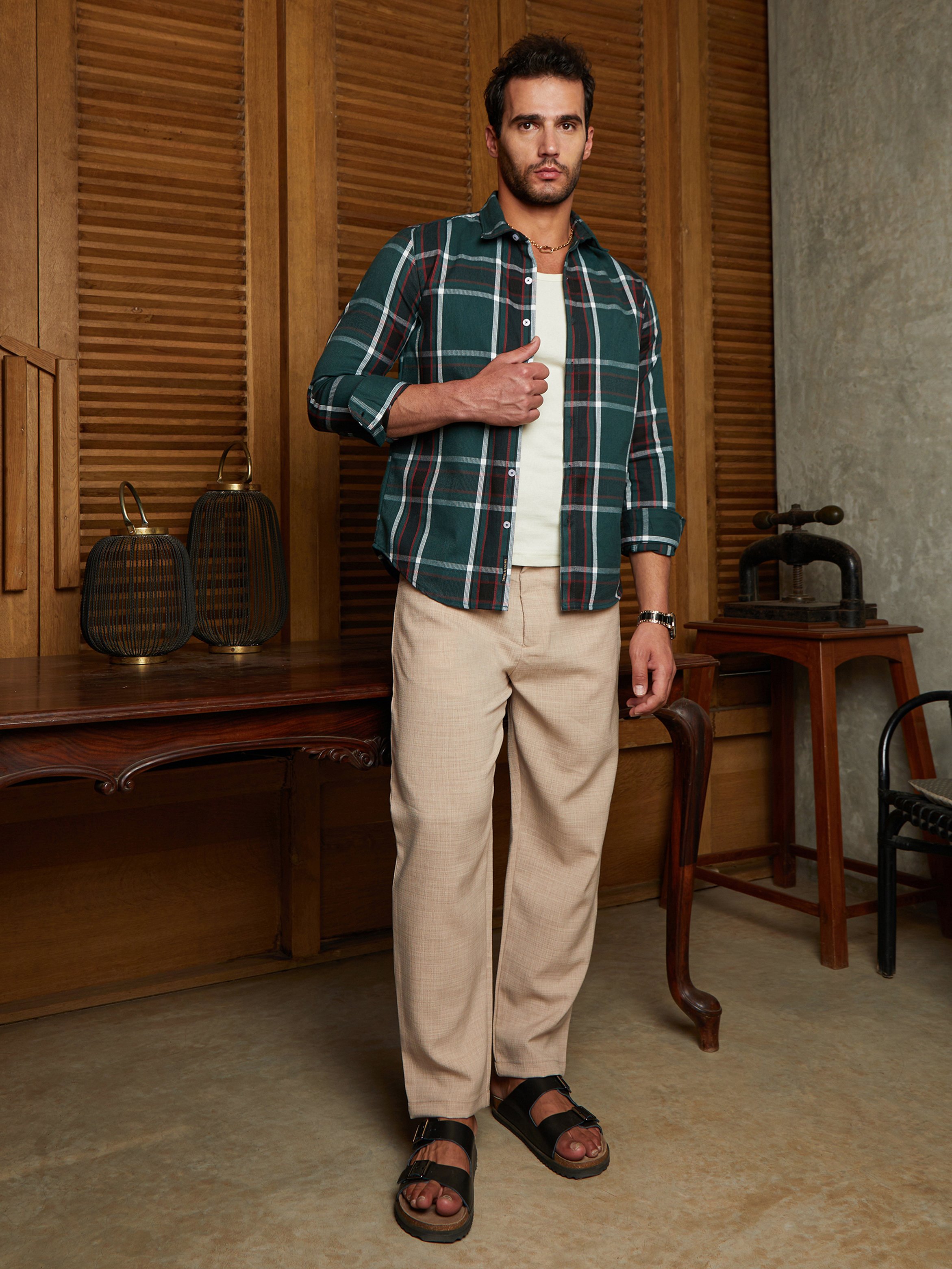Men Emerald Green Ribbed-Plaid Relaxed Shirt