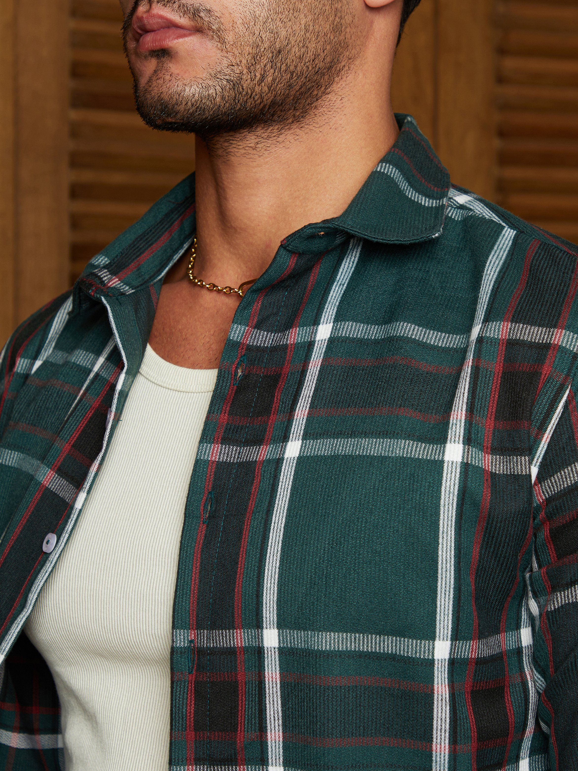 Men Emerald Green Ribbed-Plaid Relaxed Shirt
