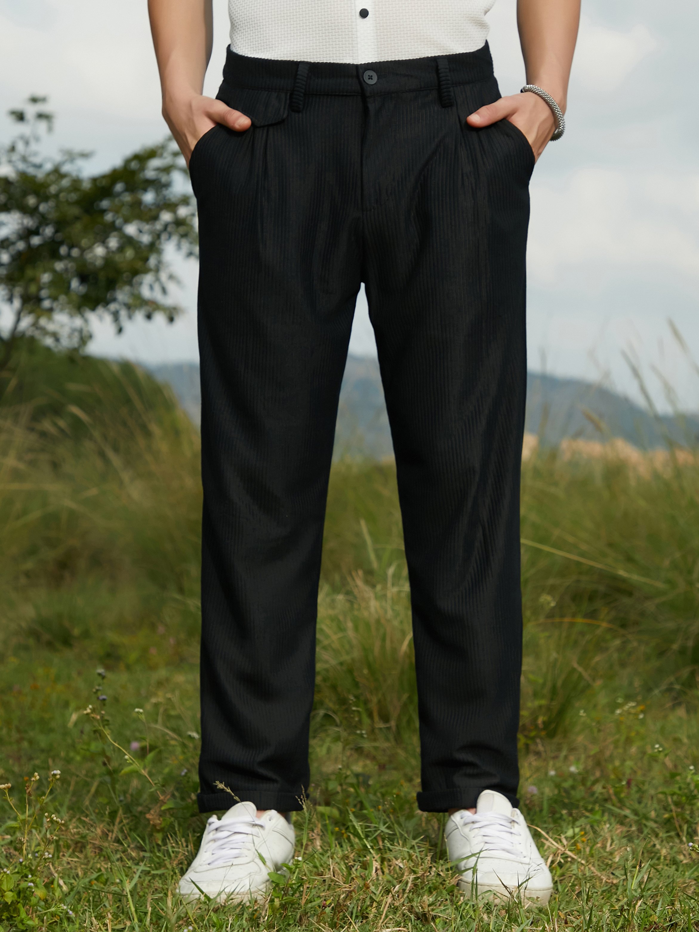 Men Midnight Black Corduroy Tailored Trousers