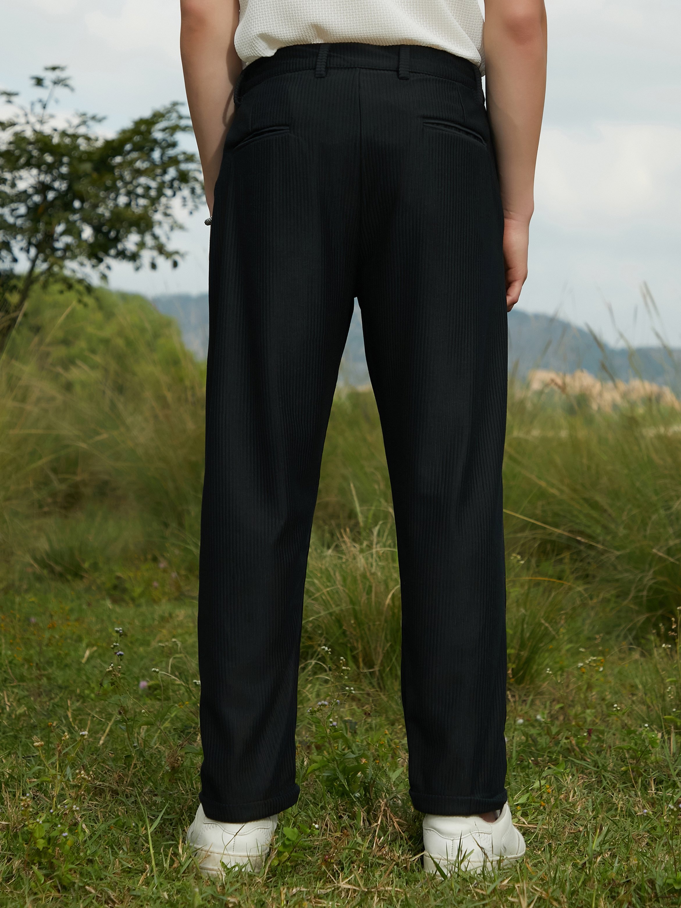 Men Midnight Black Corduroy Tailored Trousers