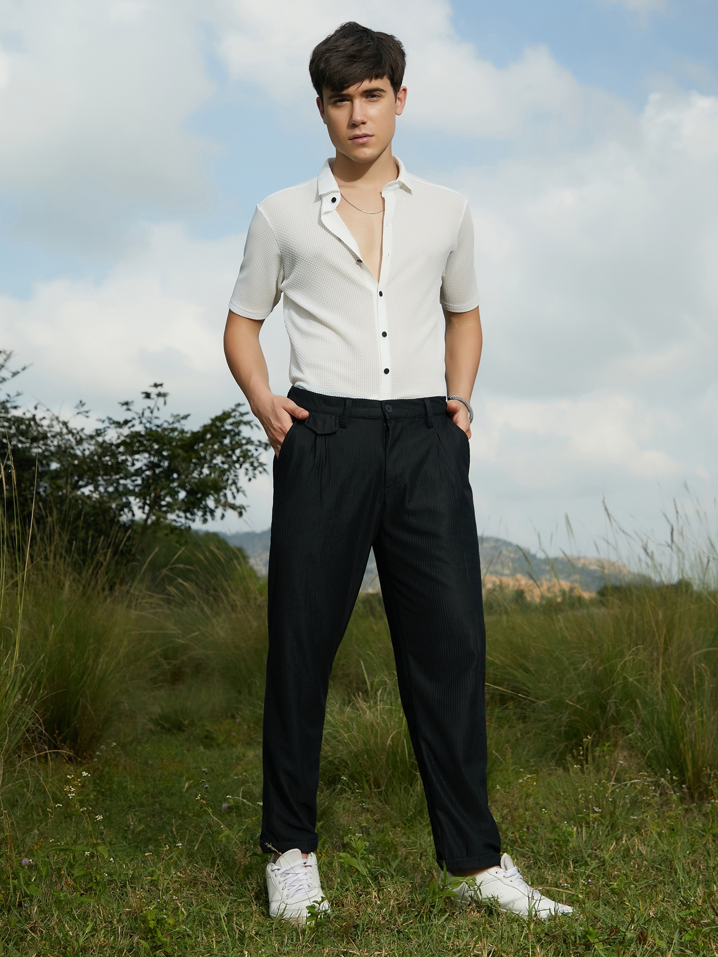 Men Midnight Black Corduroy Tailored Trousers