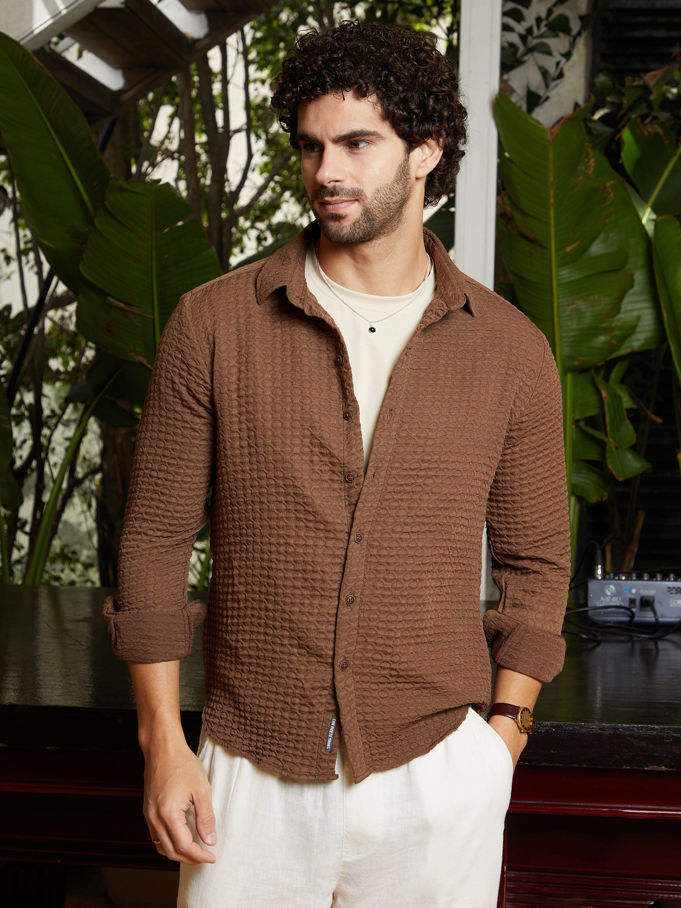 Men Russet Brown Textured-Lined Shirt