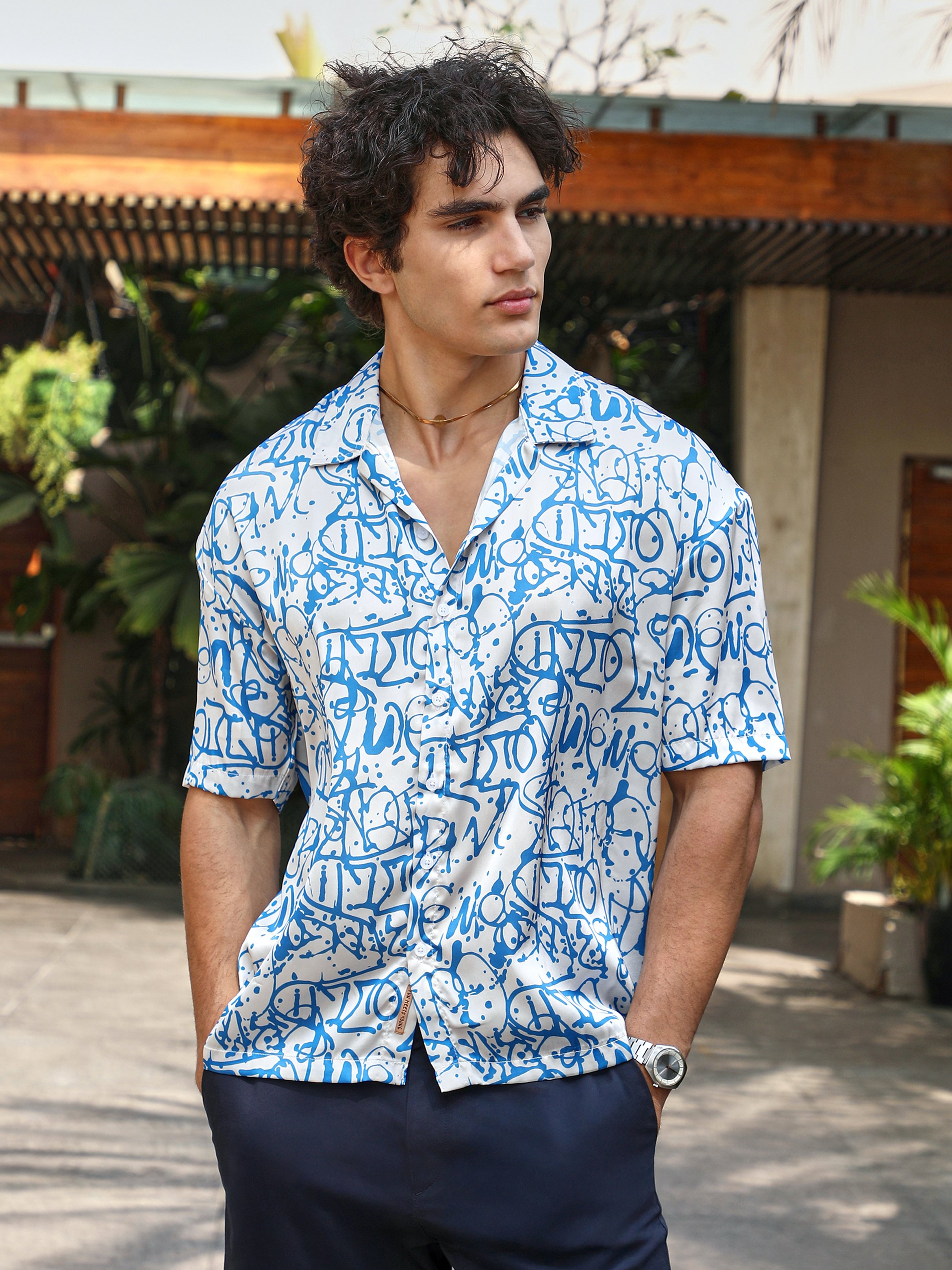 Men Printed Satin Oversized Shirt
