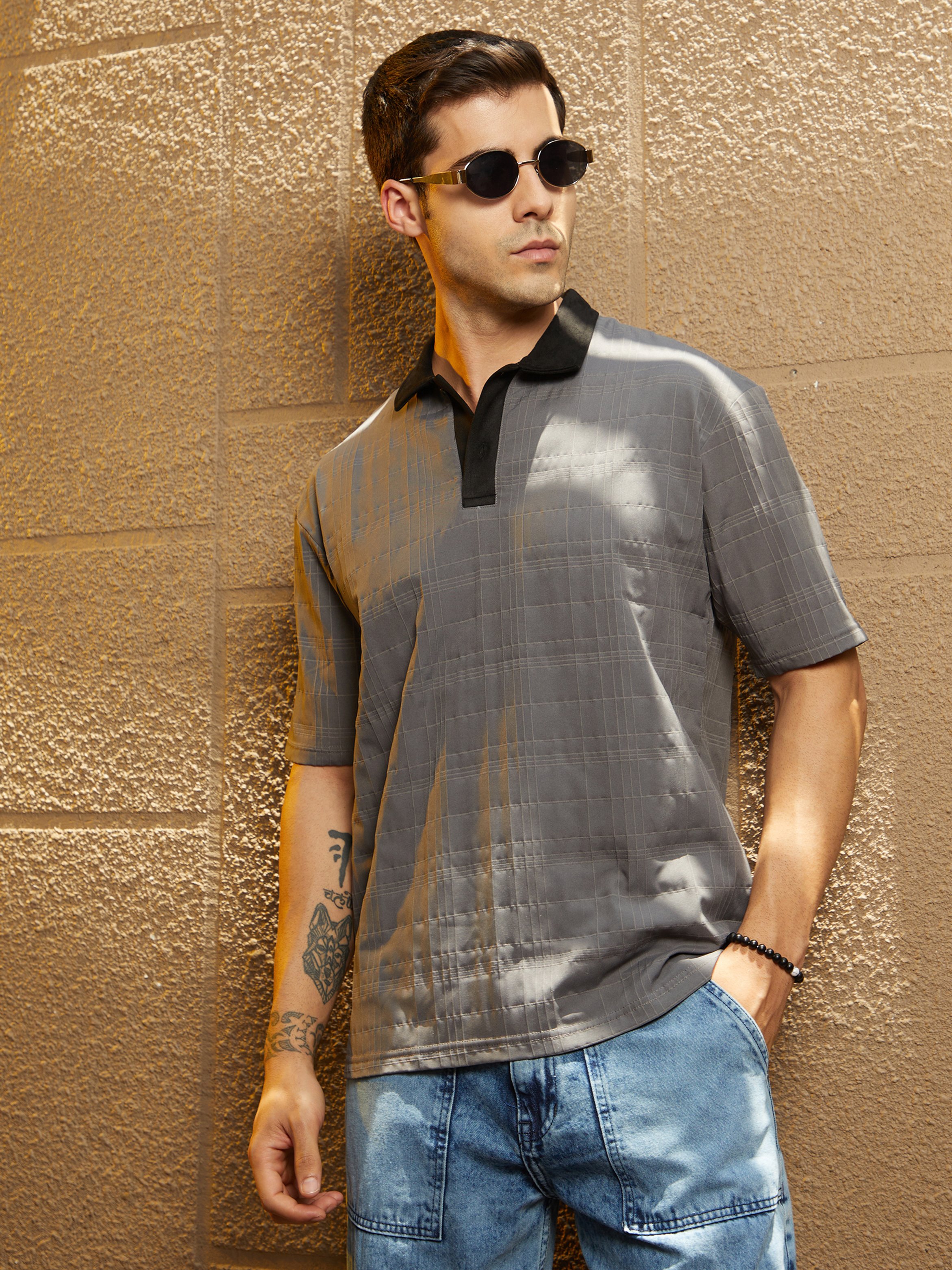 Men Grey Textured Contrast Grid Polo